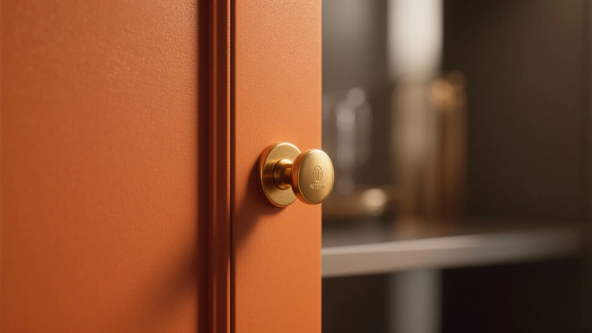 2. Matte Orange Cabinets + Brass Hardware