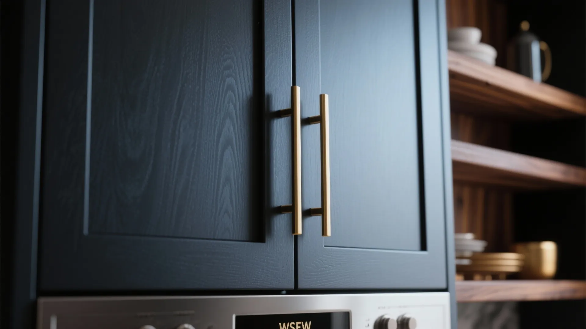 Close up of dark blue wooden cabinet doors featuring vertical gold metal handles and wood grain