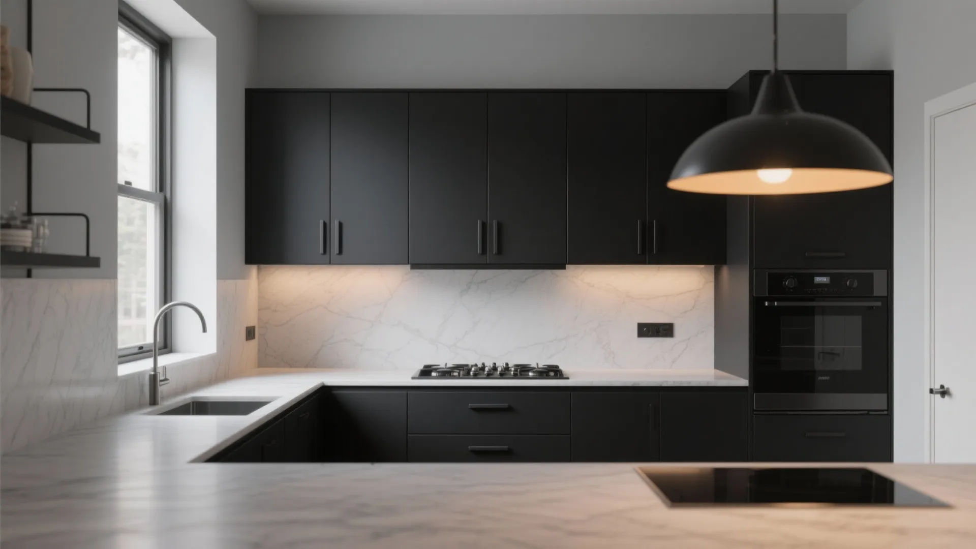 2. Matte Black Cabinetry + Lighter Grey Walls