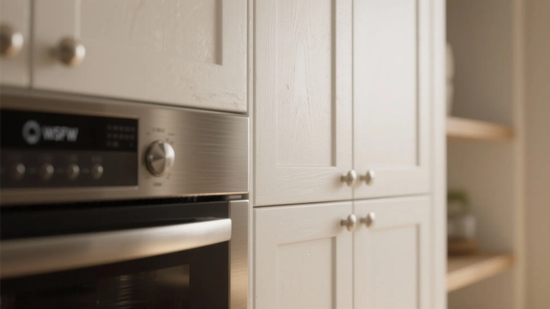 Close up of white kitchen cabinet doors with round silver knobs next to stainless steel oven