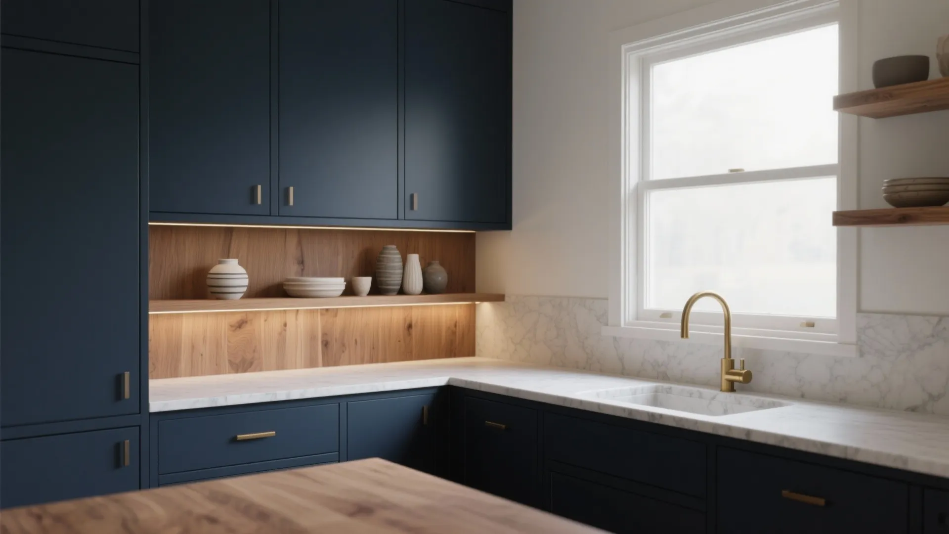 1. Matte blue-black cabinets with warm wood accents