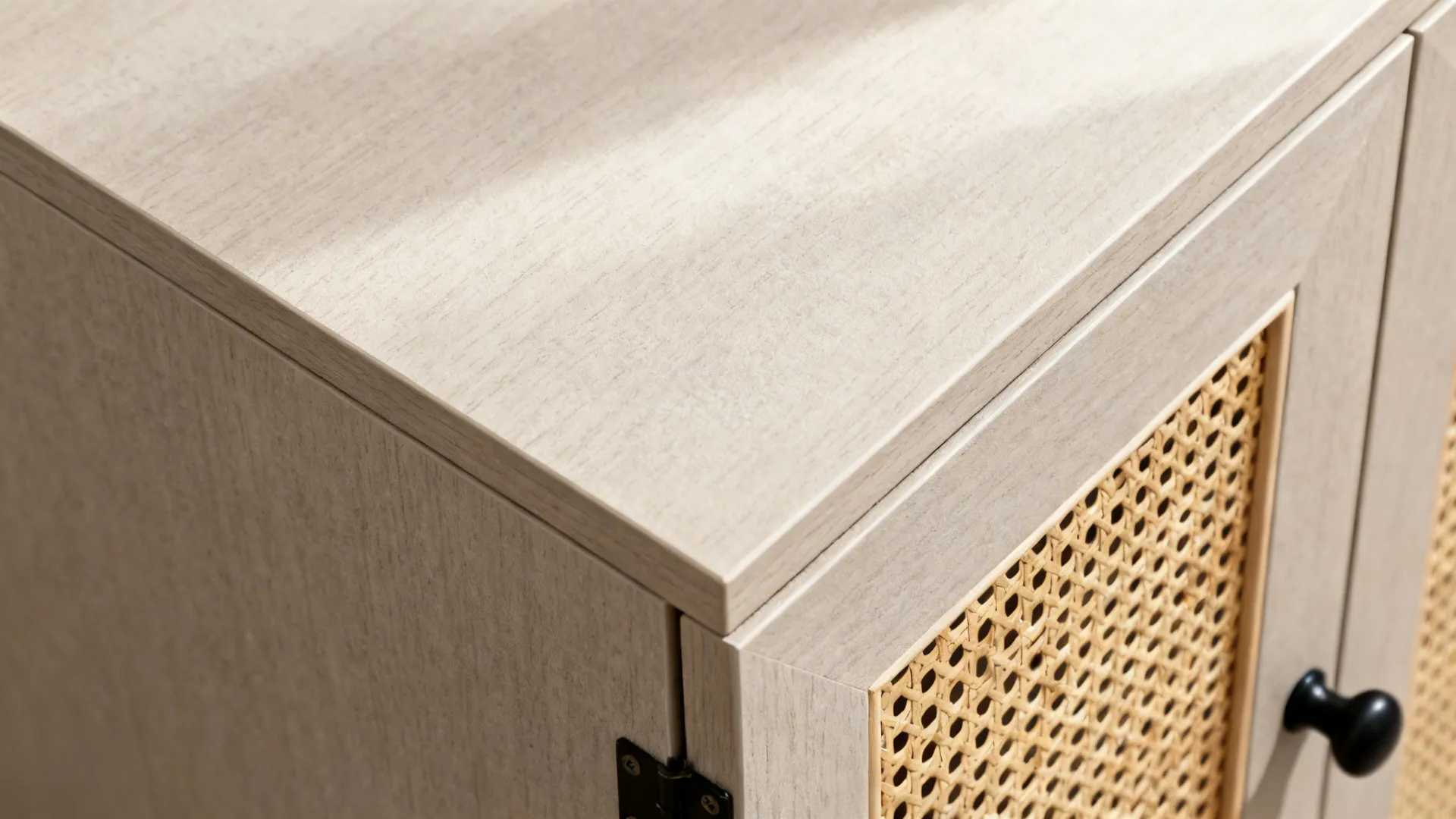 Macro of matte laminate door with cane insert and soft-close hinge showing sealed edge.