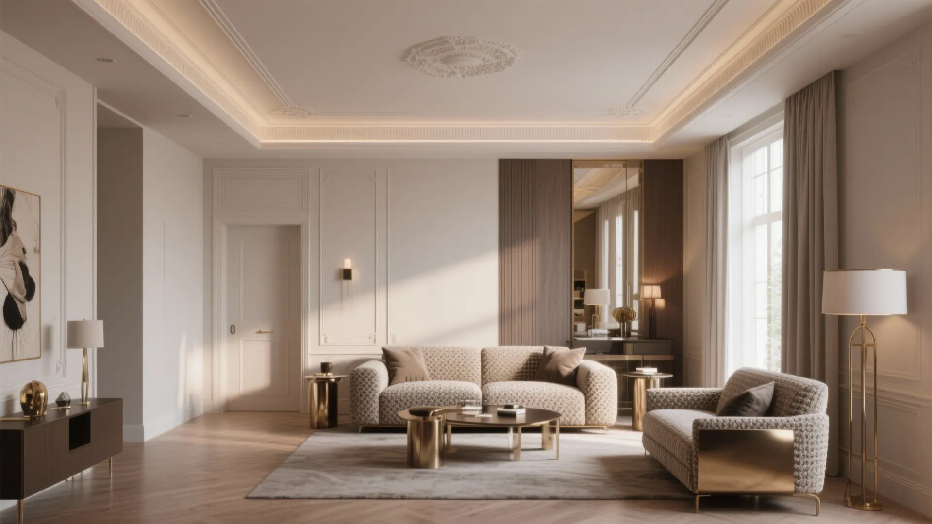 Living room with a coordinated matte-painted ceiling and trim, textured furniture, and warm layered lighting.