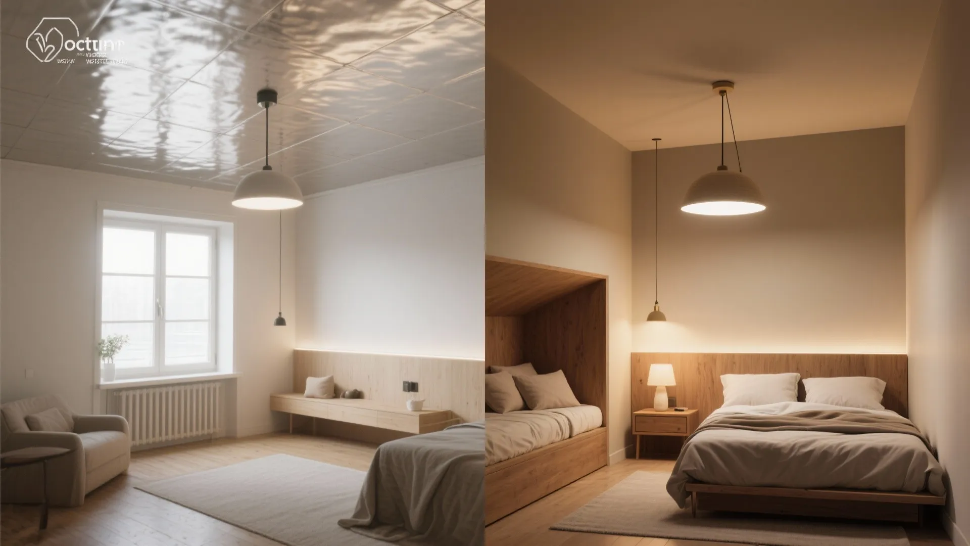 Side-by-side comparison of bedroom lighting designs featuring different ceiling light fixtures and warm room finishes