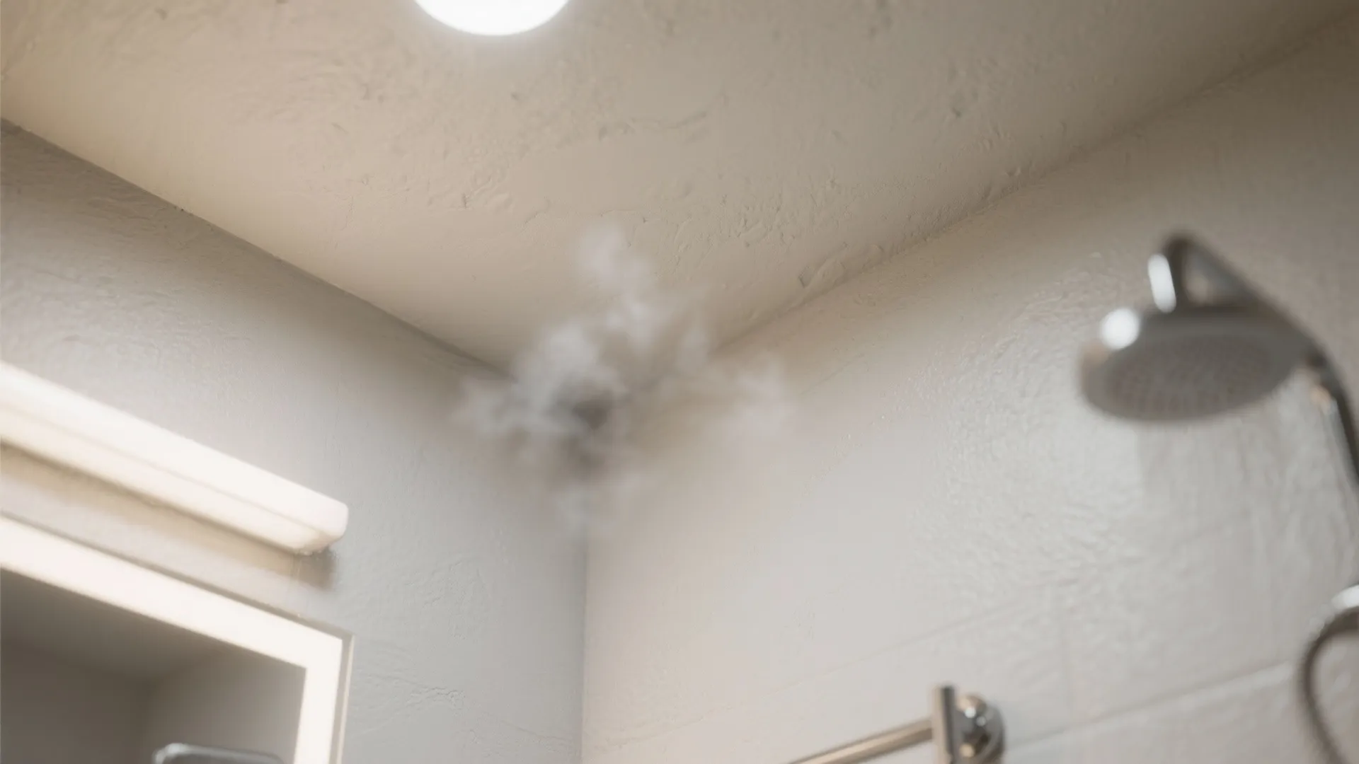 Close up view of a white bathroom ceiling with steam near a modern shower head