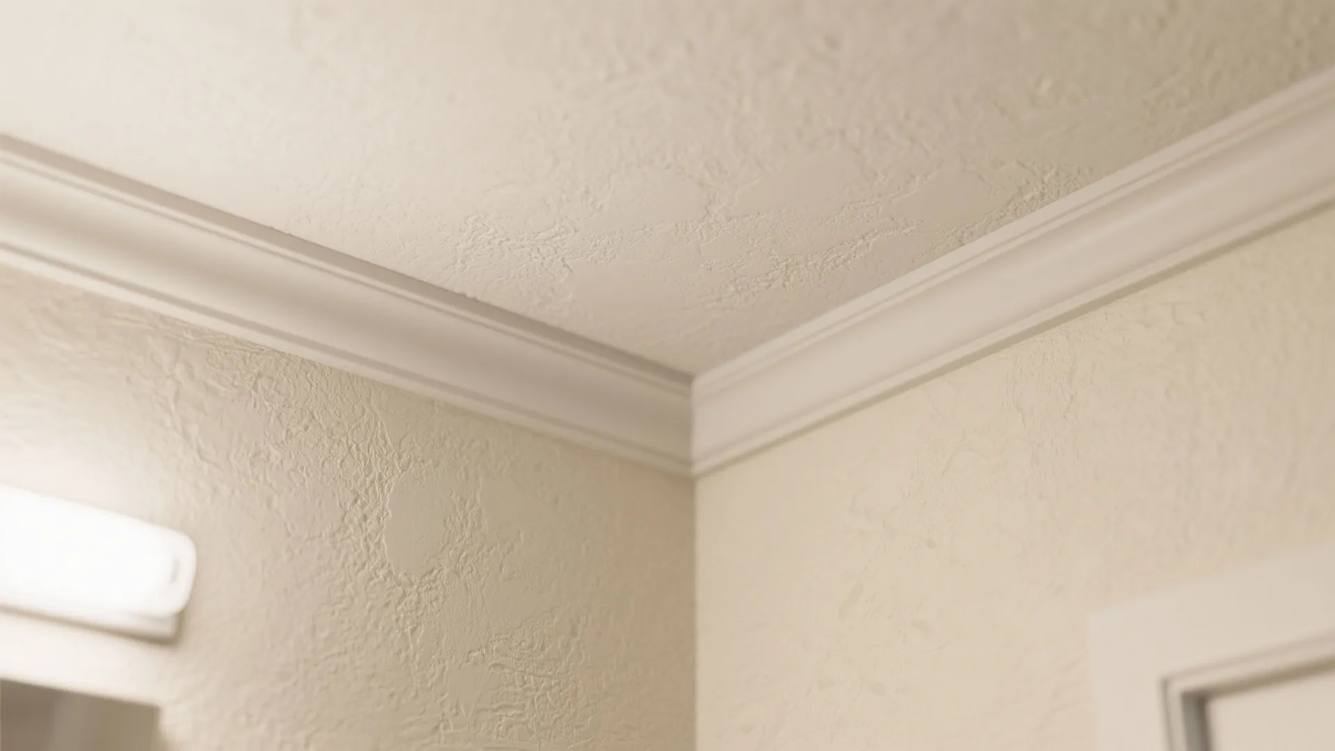 Close up of cream colored wall panel and textured ceiling with corner molding and light fixture