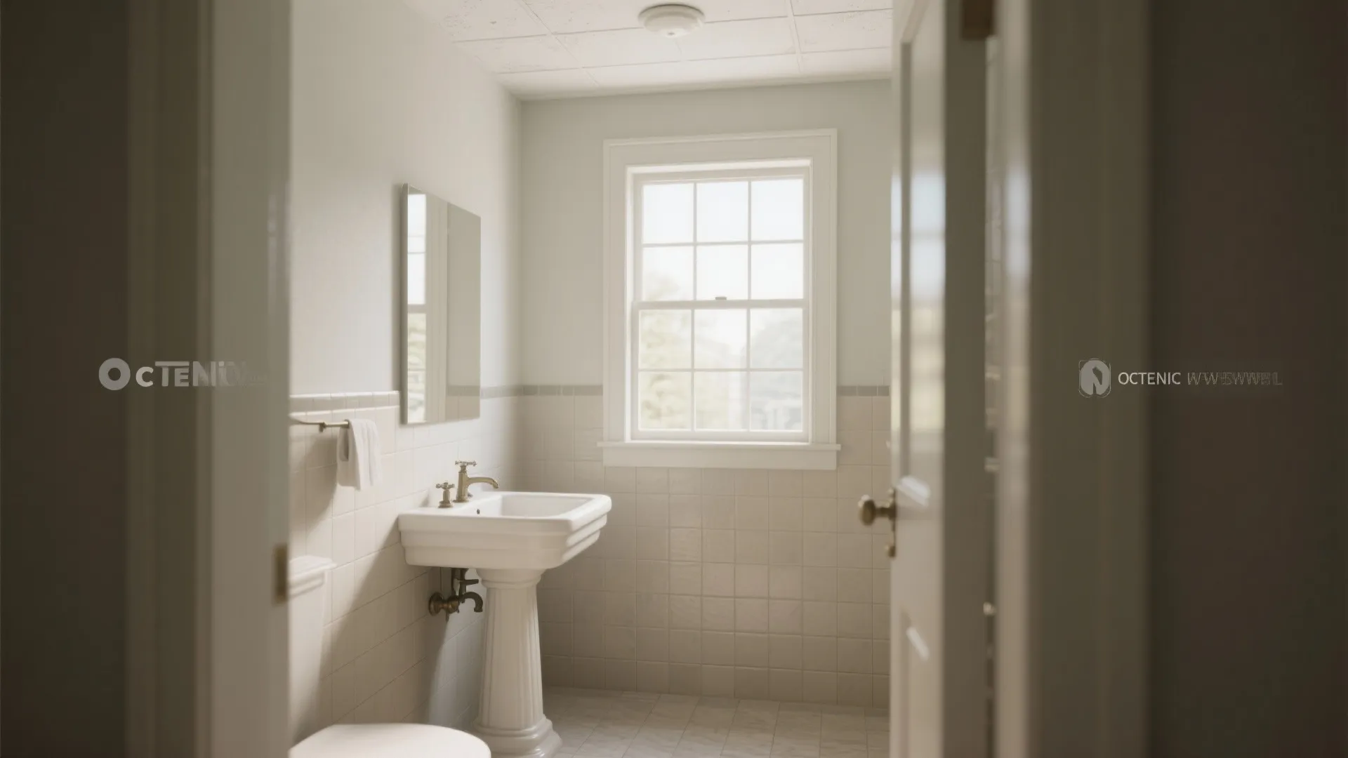 Clean bathroom interior design with white pedestal sink mirror wall light window and wall panel