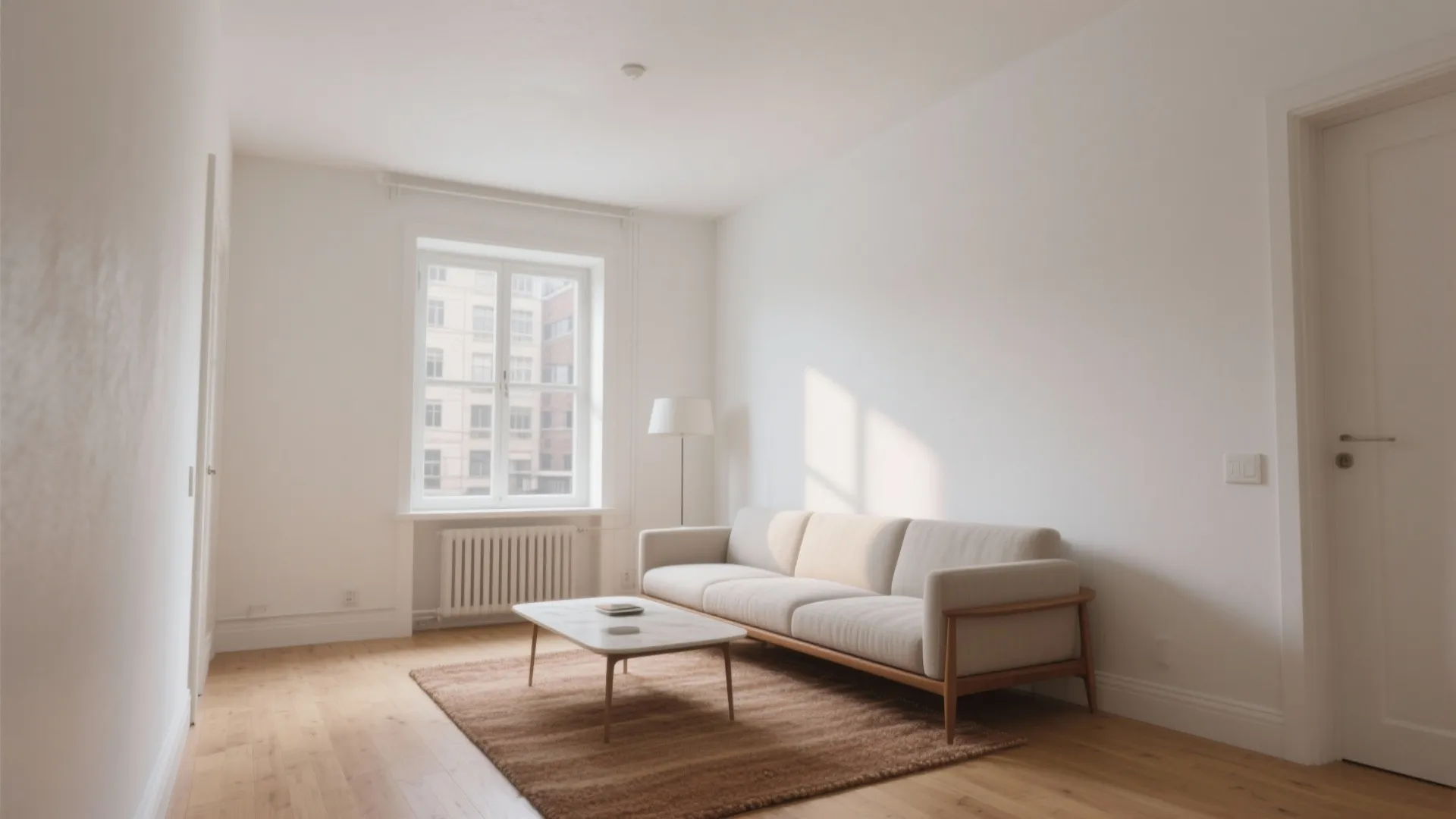 Minimalist living room with white walls wooden floor white sofa marble table and brown rug