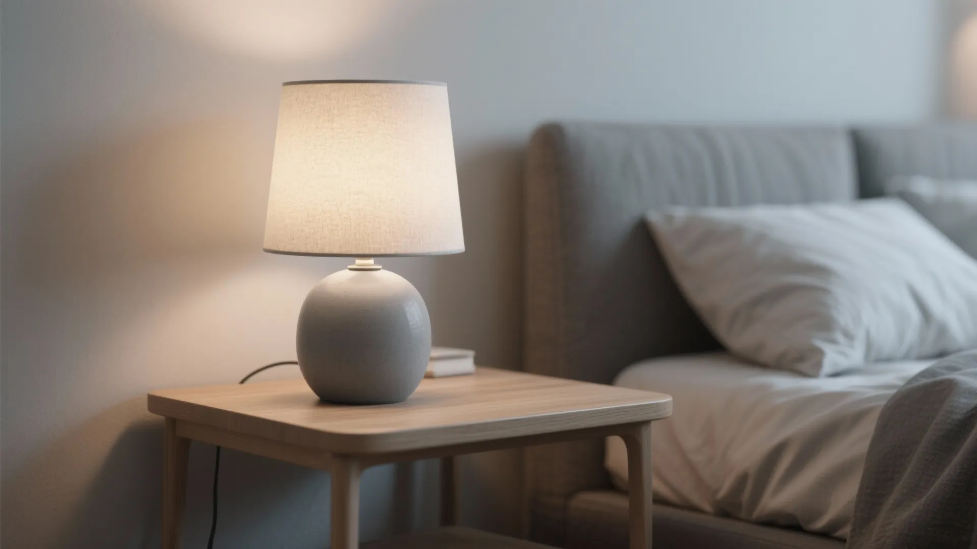 Matte gray ceramic bedside lamp on a slim wooden nightstand with soft glow