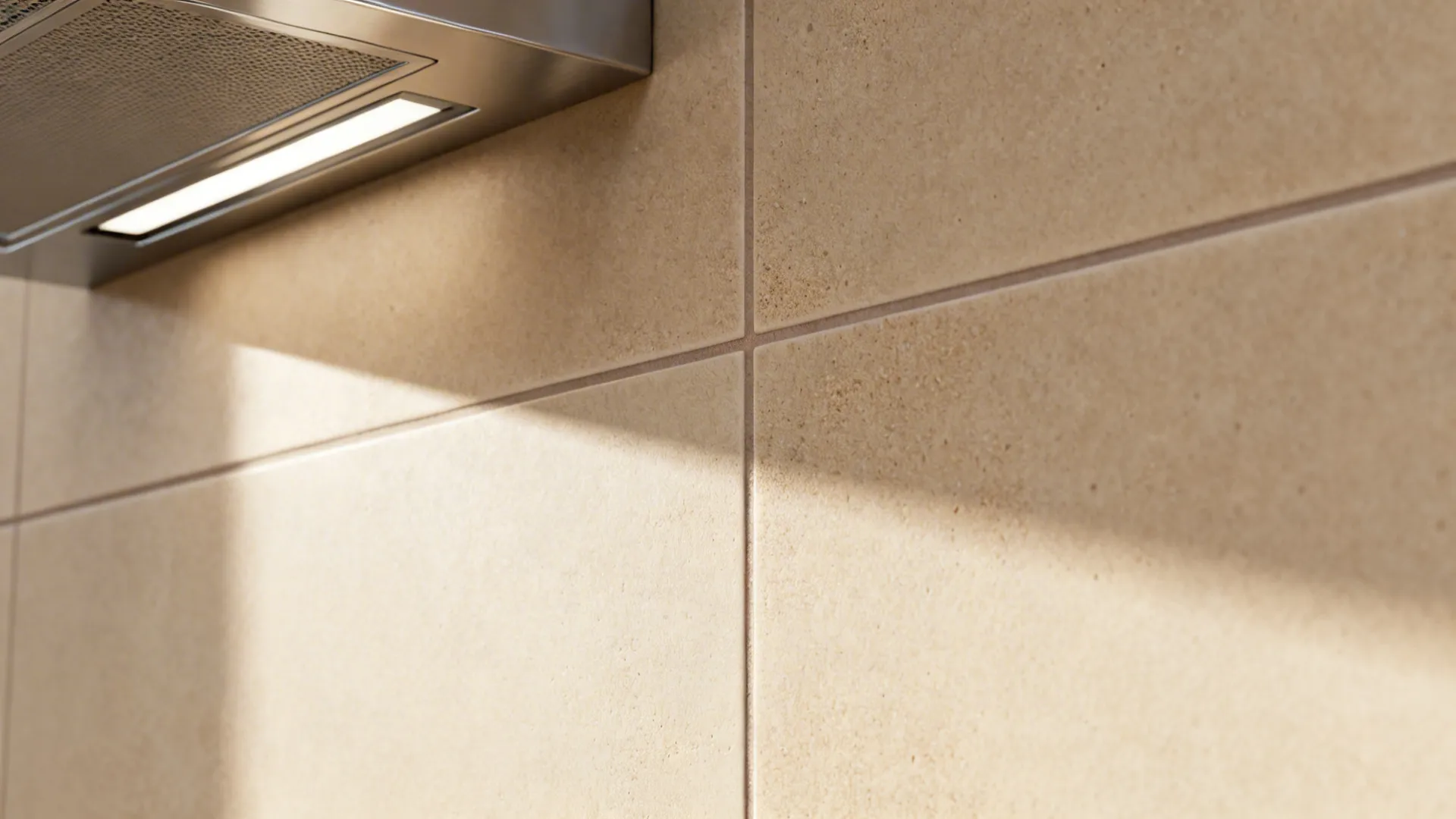 Macro of almond-taupe matte ceramic tiles with fine 2mm grout in soft daylight.