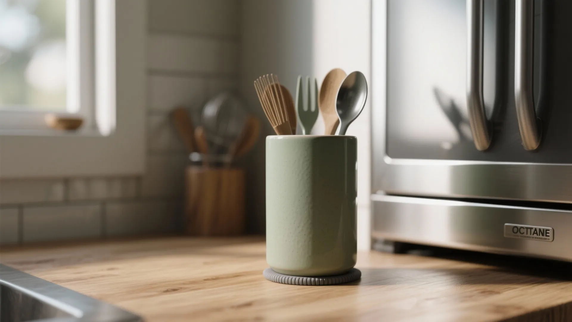 Light green ceramic tool holder with wooden spoons on wood countertop near a silver kitchen appliance