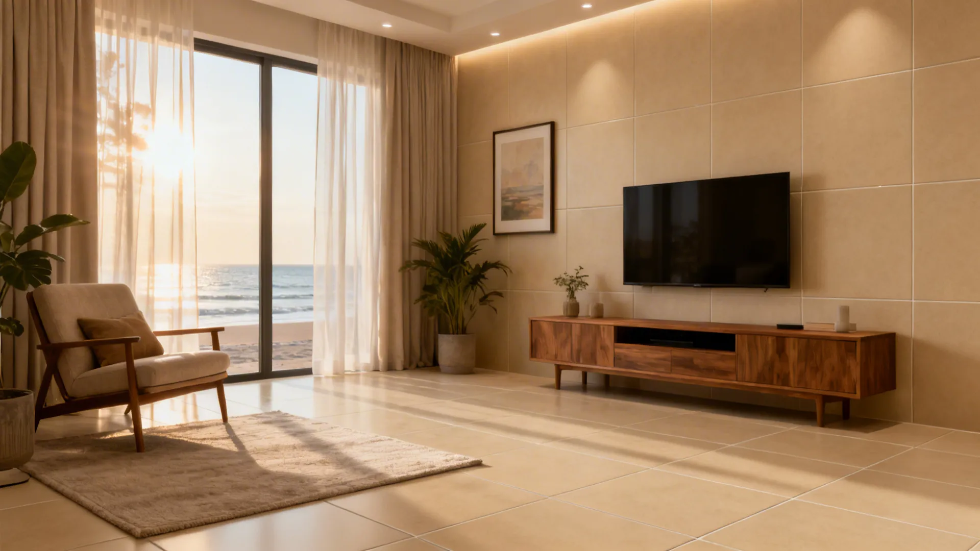 Modern living room with matte beige wall tiles wood cabinet television and large glass sliding doors