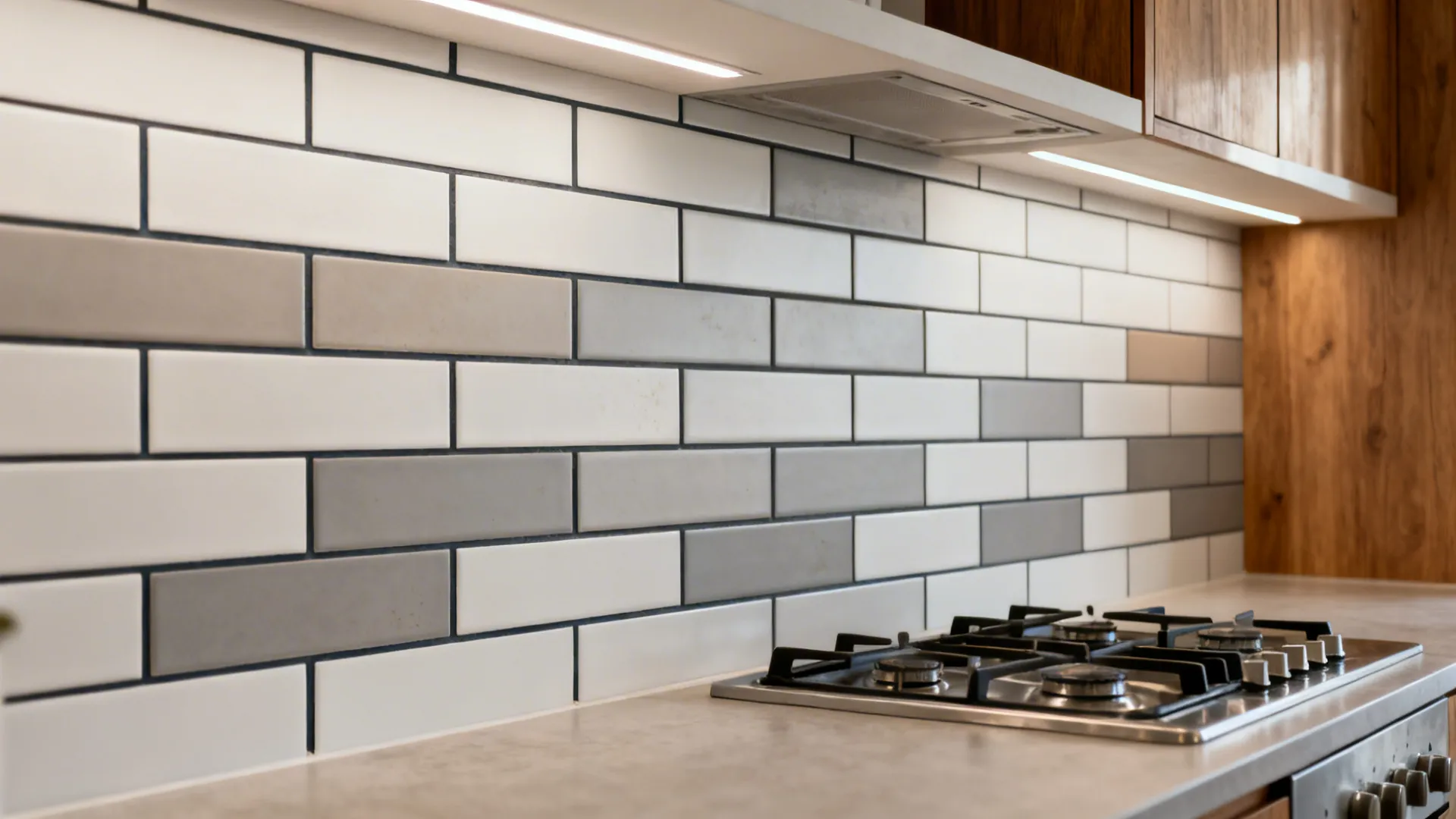 Matte ceramic subway wall tiles with dark epoxy grout reducing glare in a compact Indian galley kitchen.