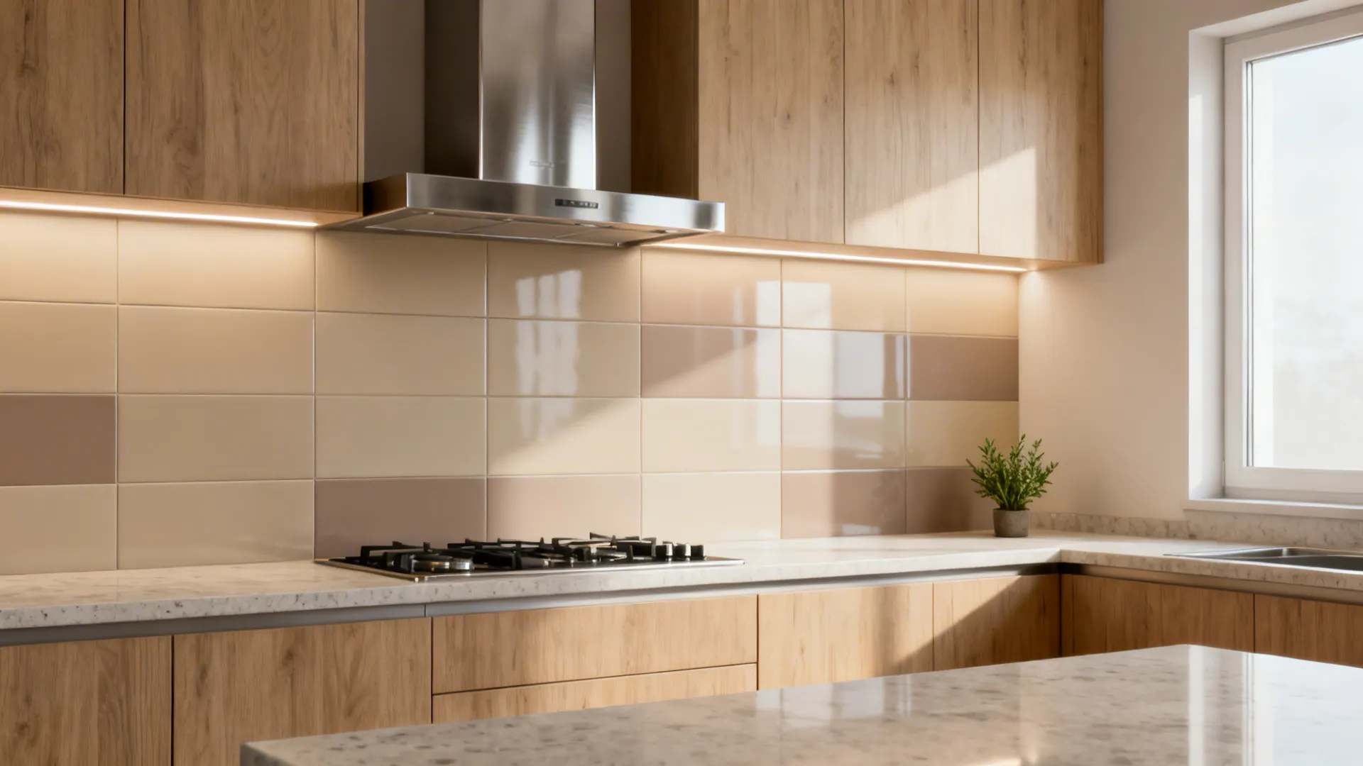 Warm neutral matte ceramic backsplash in an Indian galley kitchen with light wood cabinets and stainless appliances.
