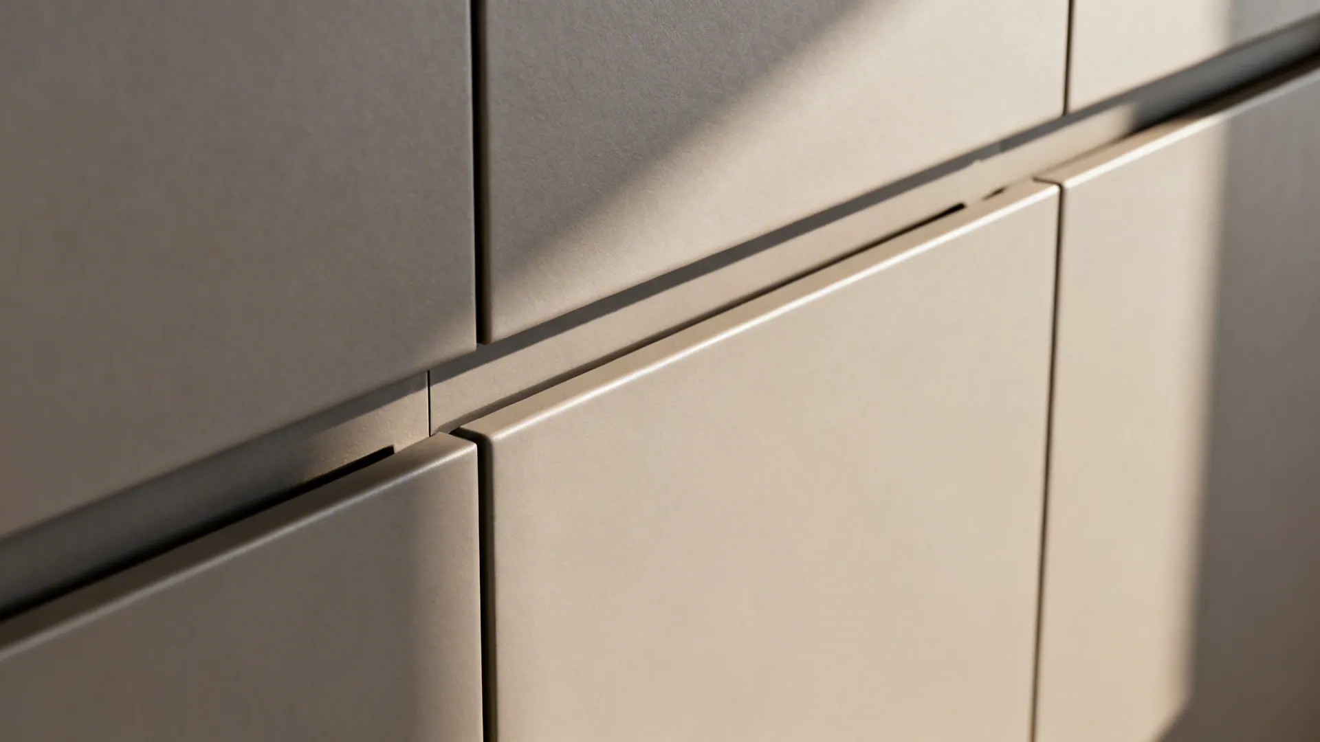 Macro of handleless matte cabinet channel with perfectly aligned loft seam.