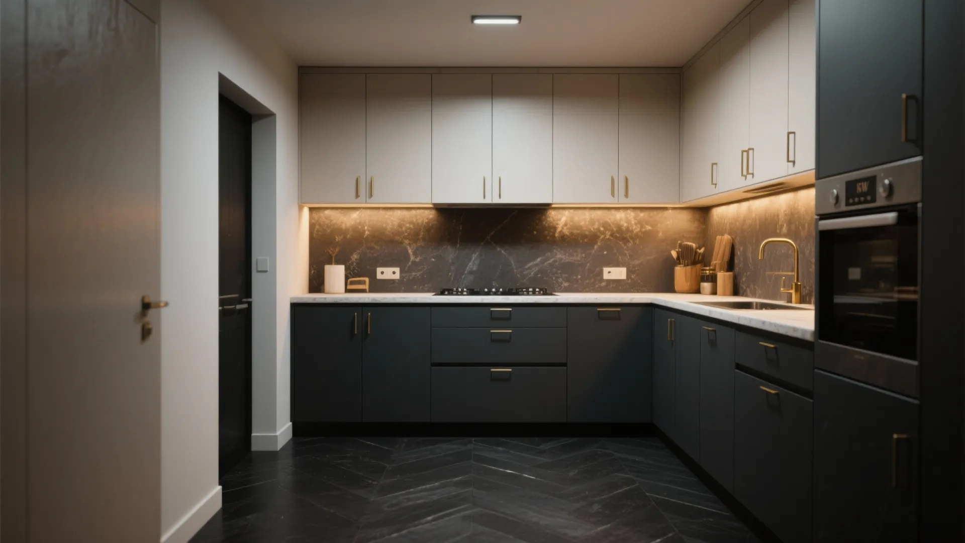 4. Matte charcoal for contrast with light upper cabinetry