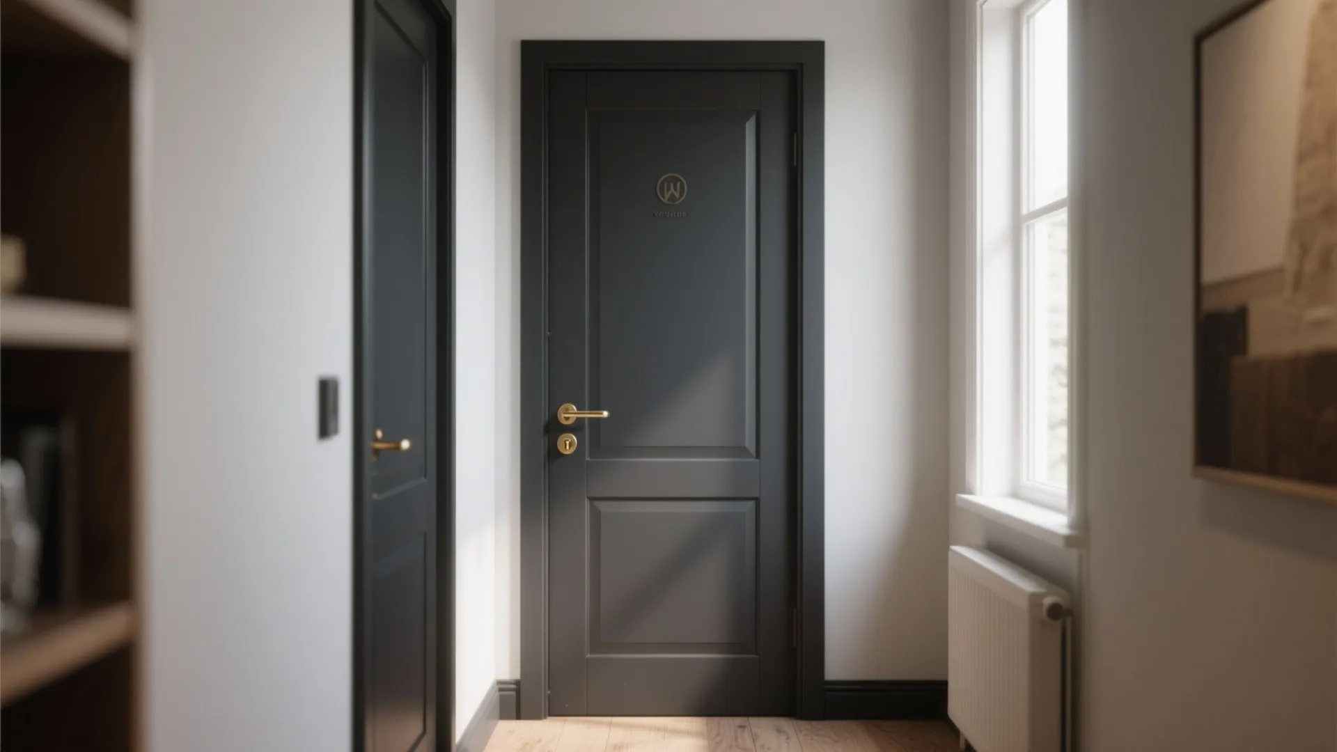 Matte charcoal interior door in a small hallway with brass hardware and warm daylight.