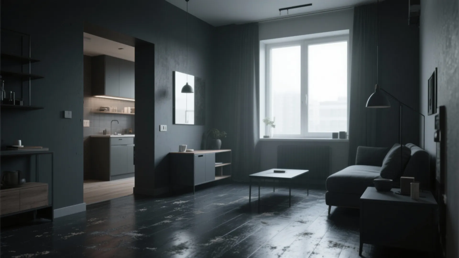 Modern dark living room with charcoal wall paint grey sofa coffee table and open kitchen