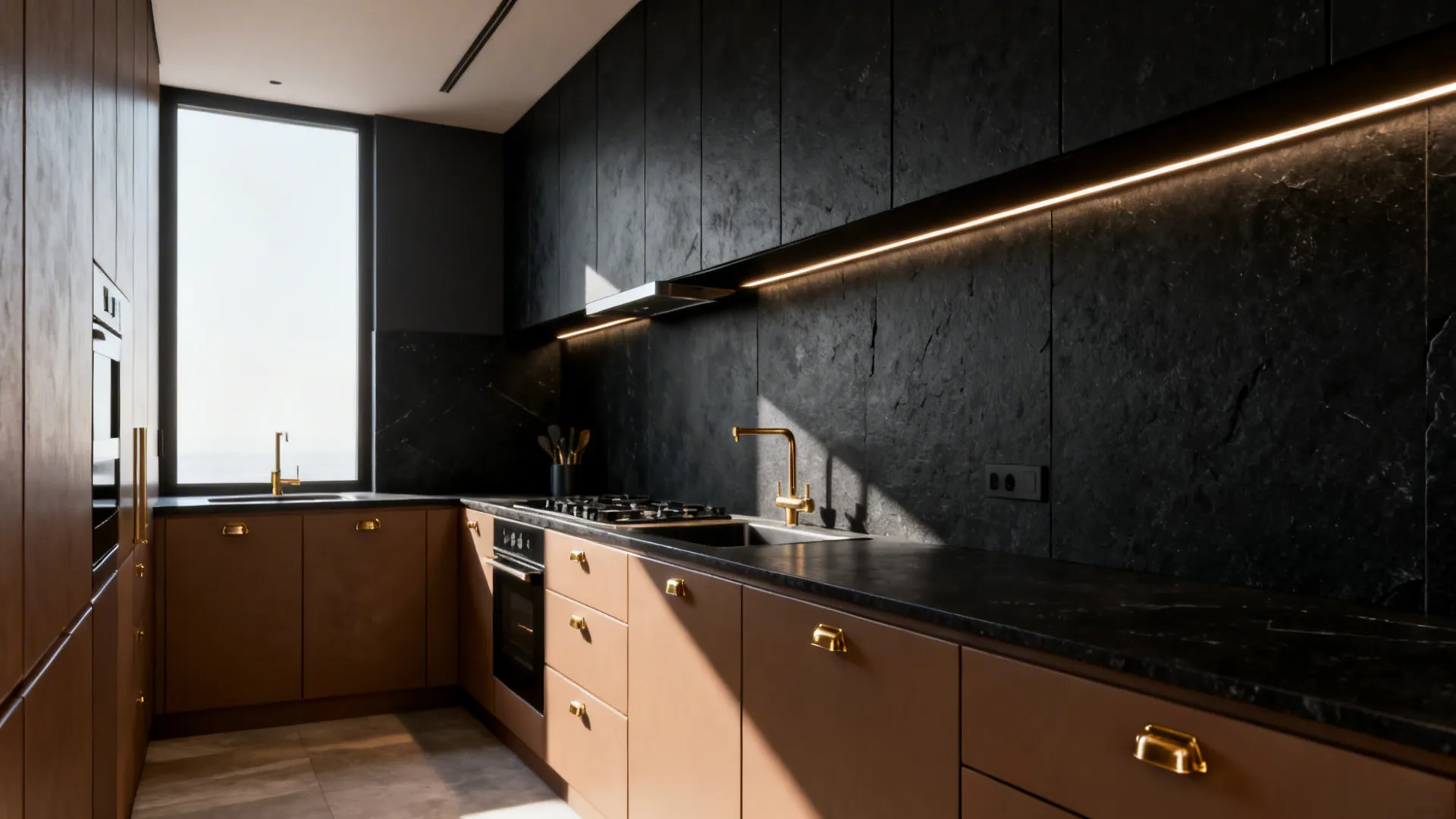 Matte black backsplash with brass hardware and brown cabinets in a modern kitchen.