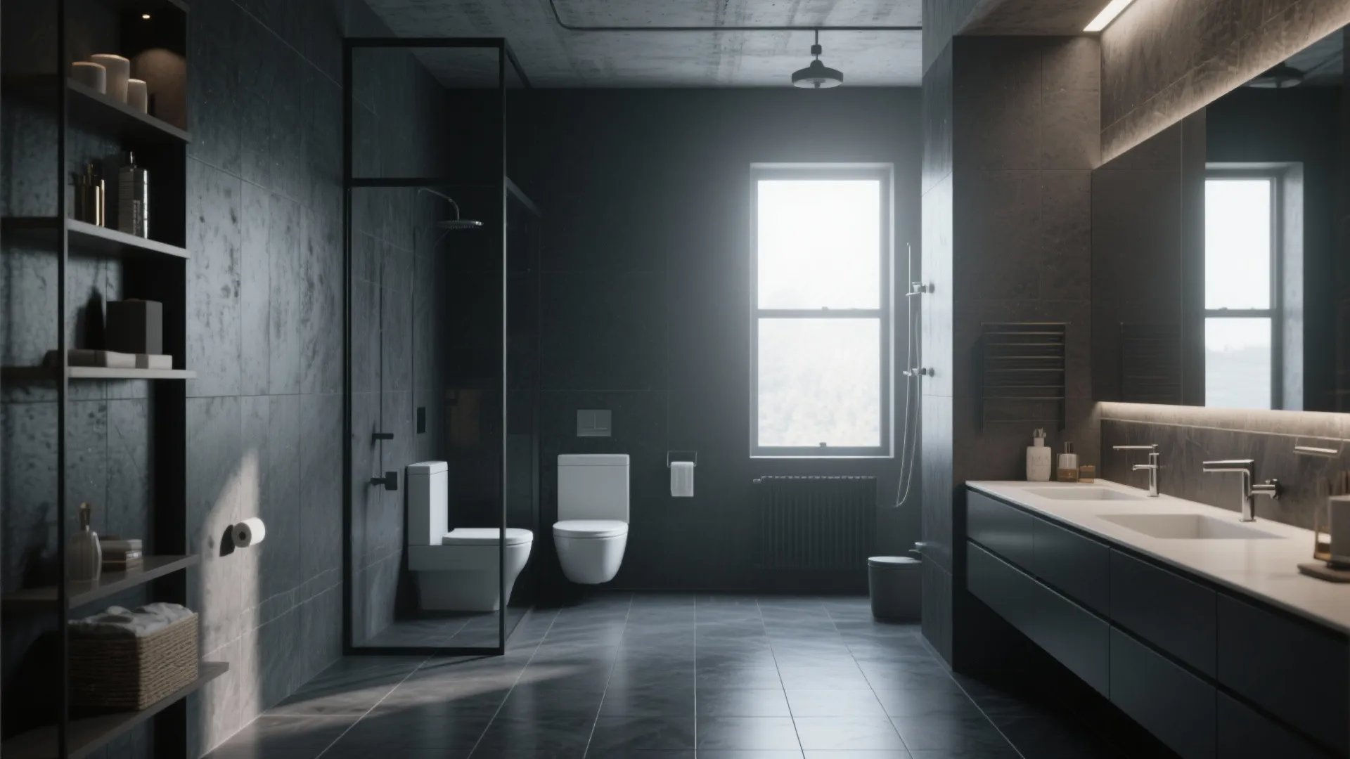 Modern dark bathroom featuring matte black walls, double sink vanity, glass shower, toilet, and window