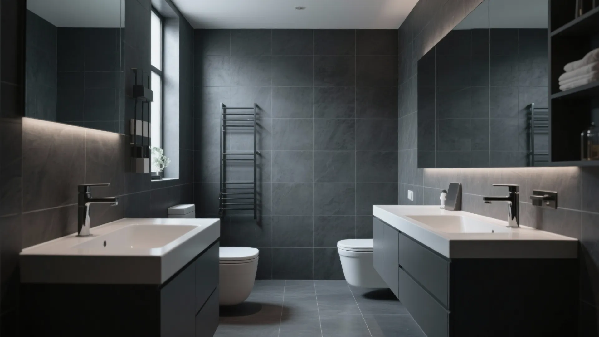 Minimalist bathroom with dark gray tiles double sinks large mirrors white toilet and black towel rack
