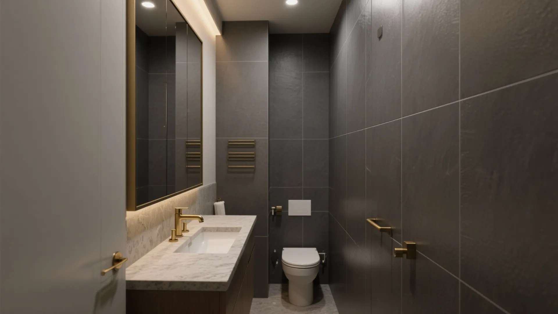 Matte charcoal porcelain bathroom with brushed brass fixtures and minimal grout lines.