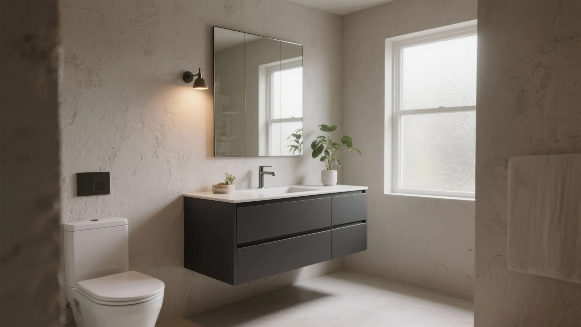 Floating dark grey bathroom cabinet with white sink mirror wall light plant and bright side window