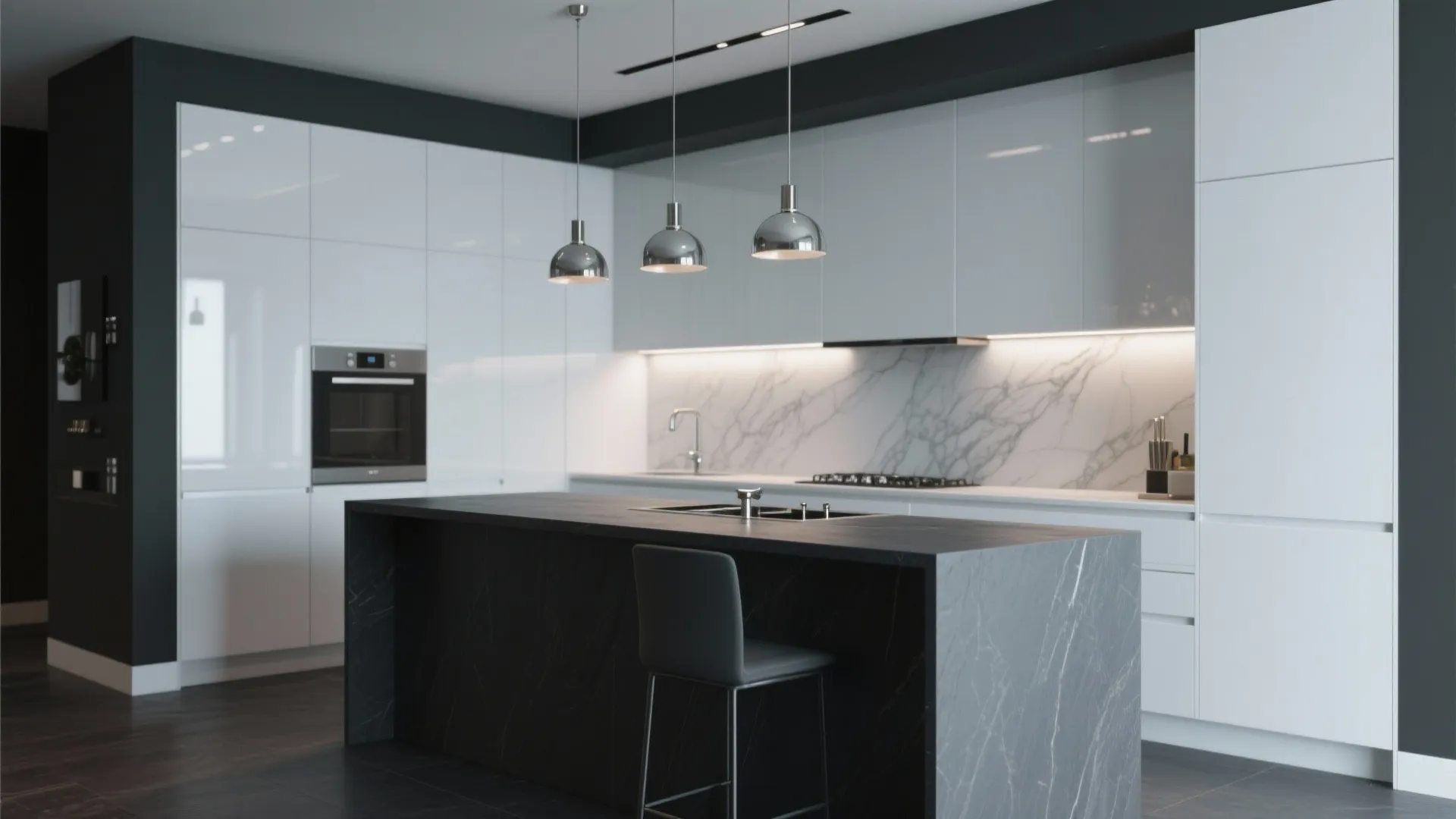 Modern kitchen with black marble island white glossy cabinets three ceiling lights and marble backsplash