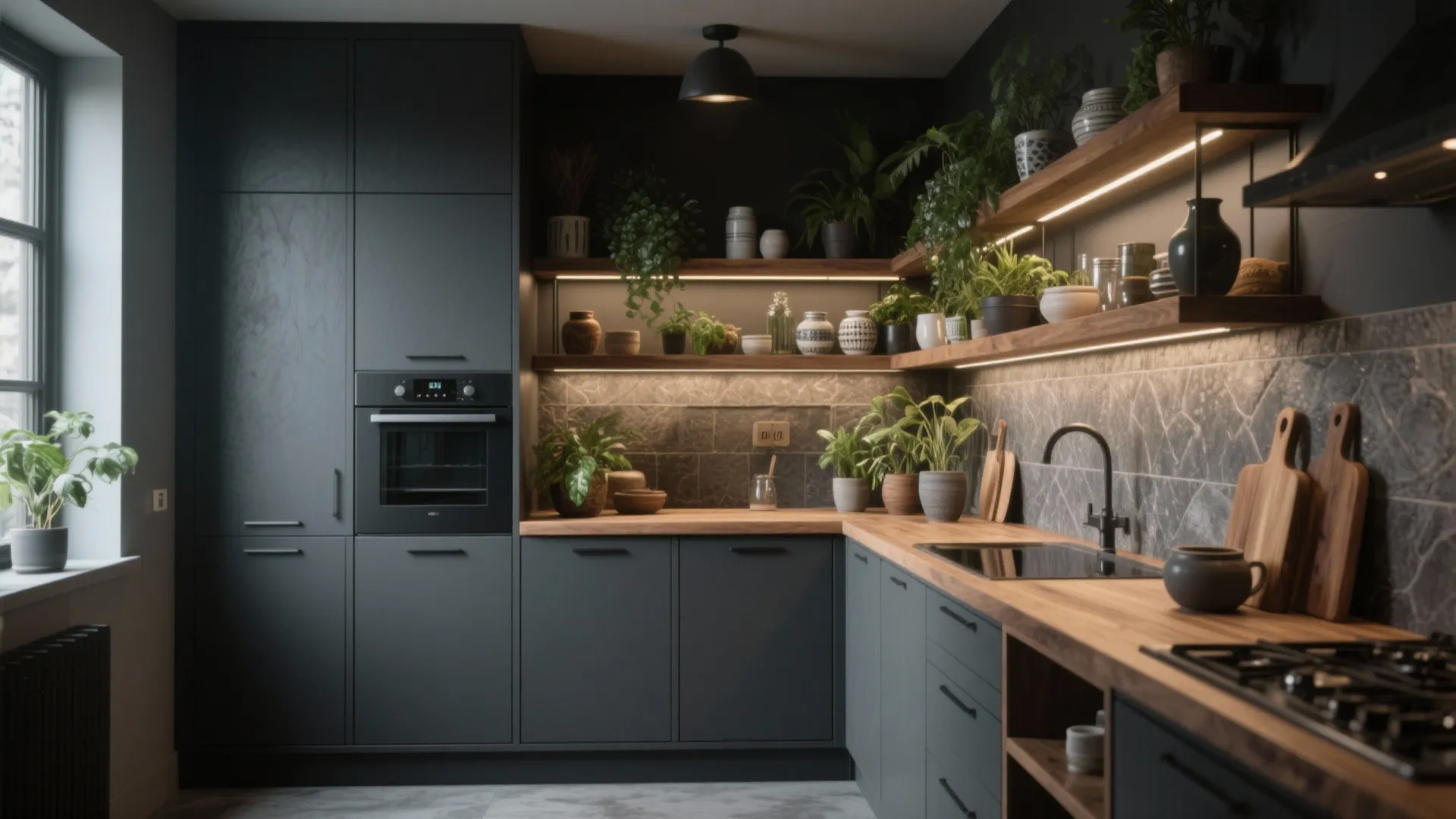 3. Matte Charcoal Cabinets with Open Shelving