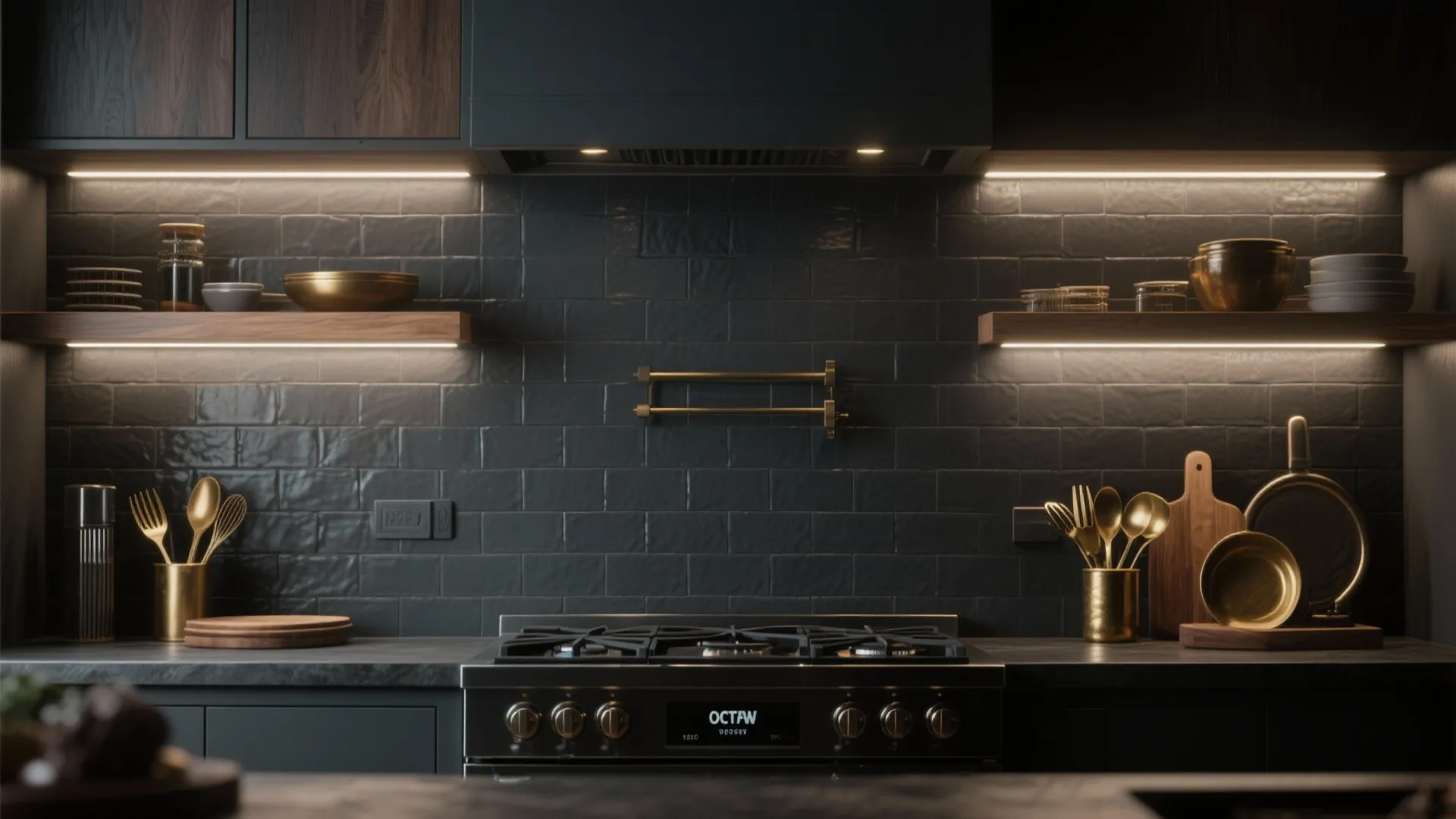 2. Matte charcoal tiles for dramatic depth