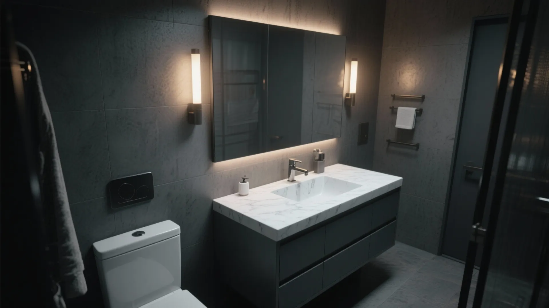 3. Matte charcoal vanity for moody elegance