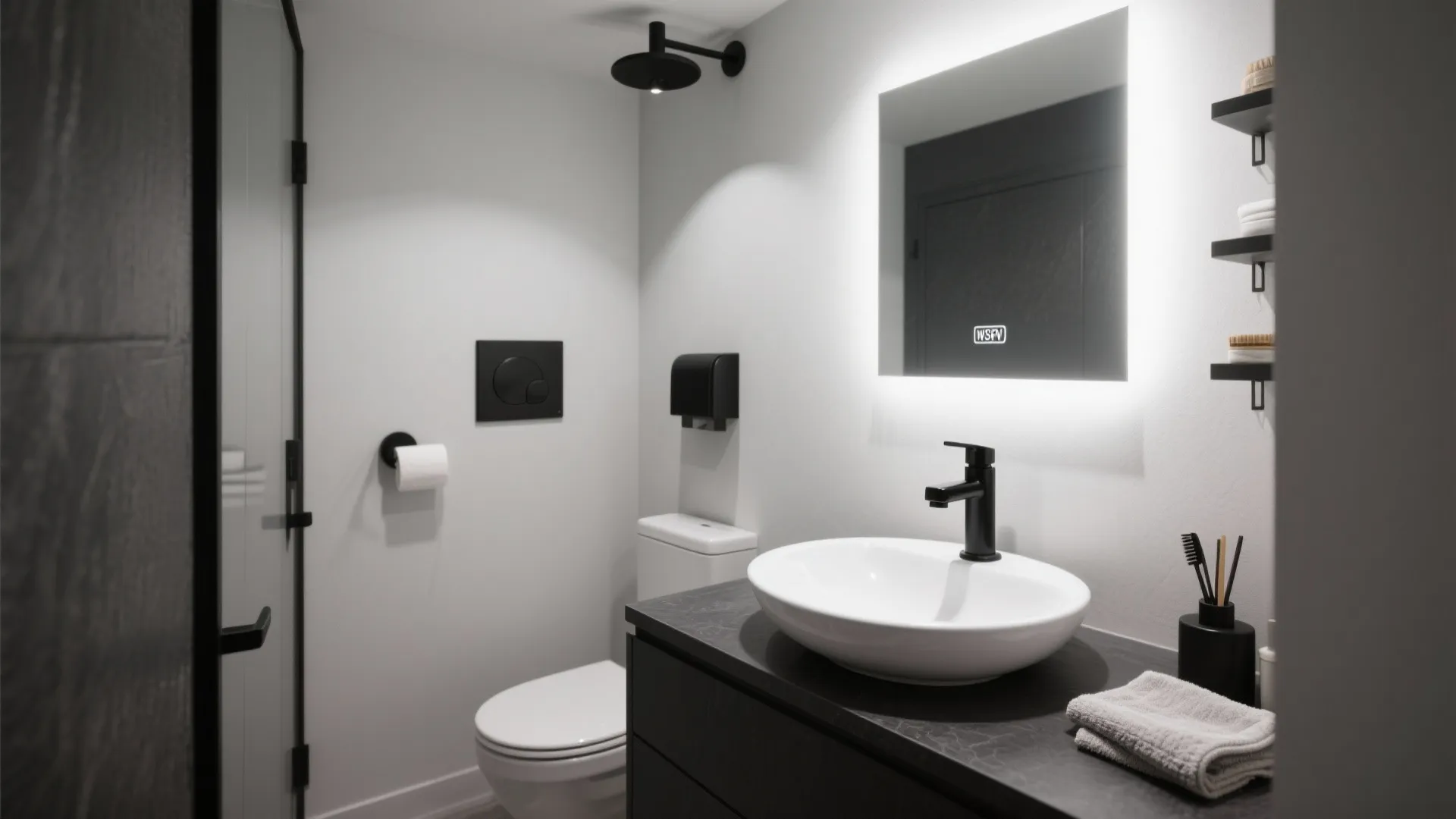 2. Matte charcoal vanity with contrast white basin