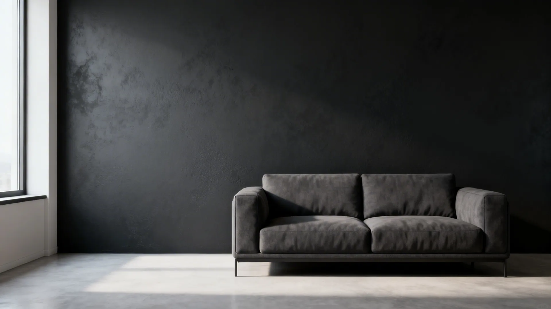 White living room with a matte charcoal accent wall and minimalist sofa