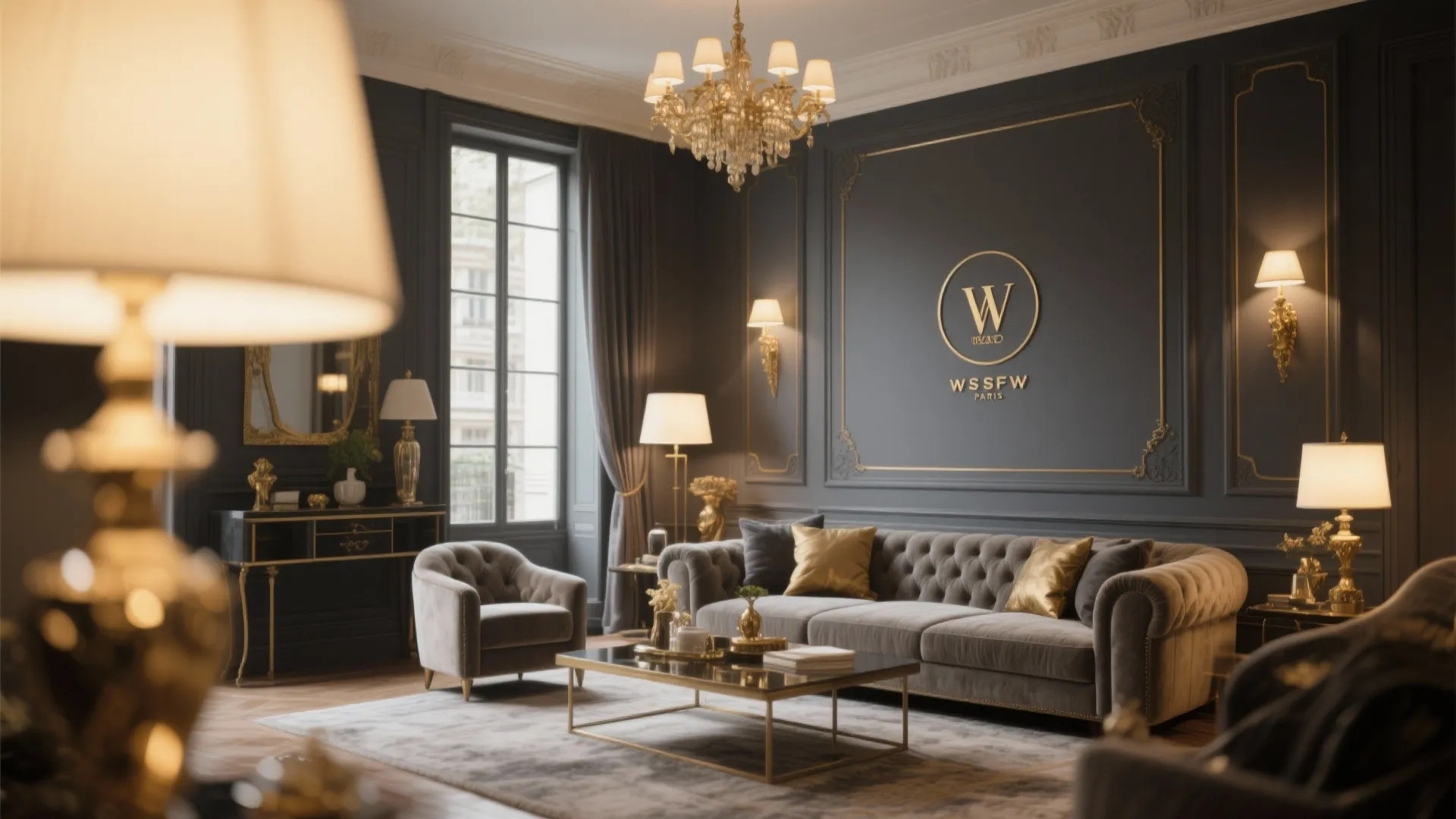 Luxury living room with matte charcoal wall panels, grey sofa, gold accents, and ceiling light
