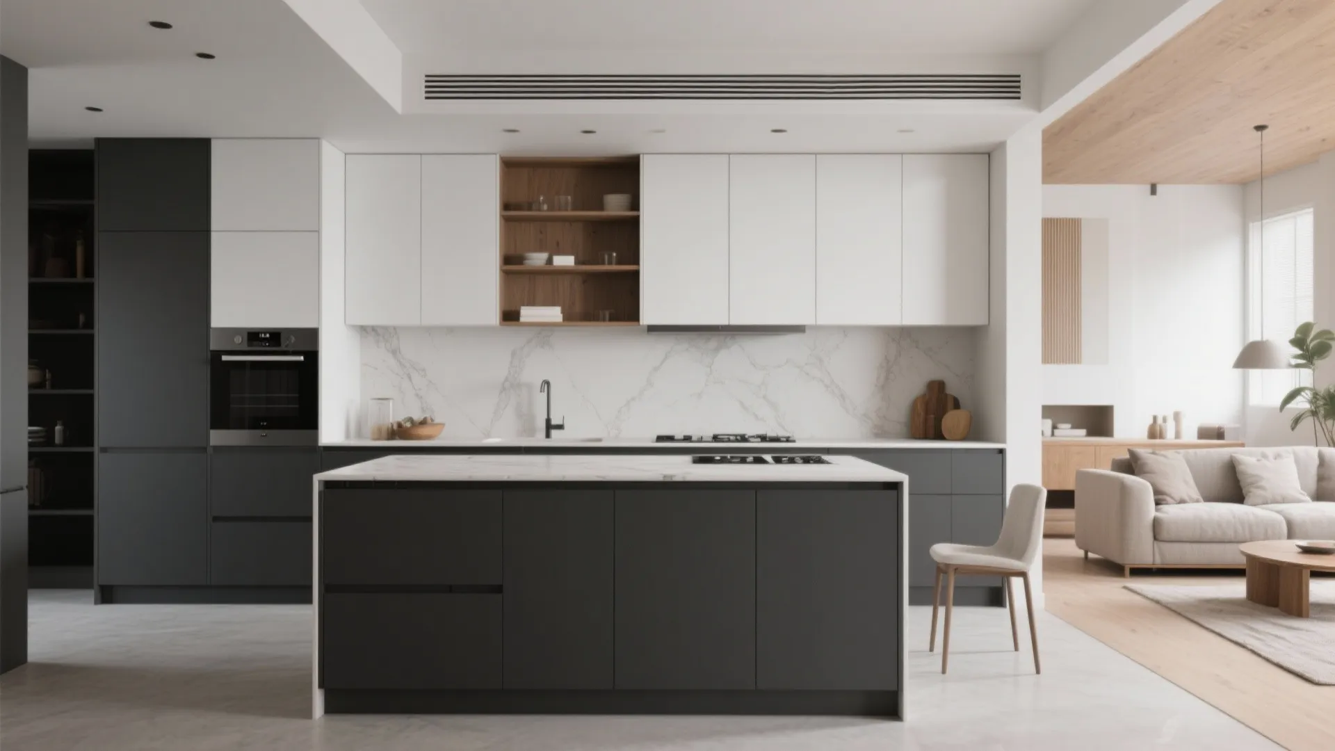 3. Matte Charcoal Accents and White Slab Doors