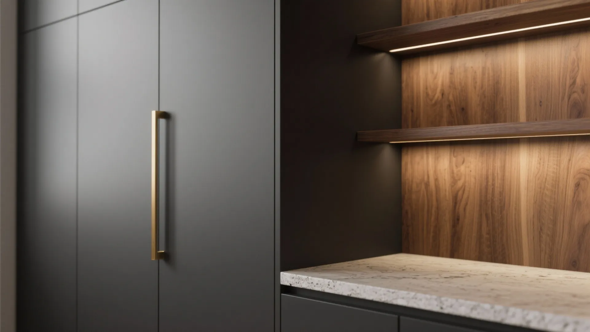 1. Matte charcoal with warm wood accents