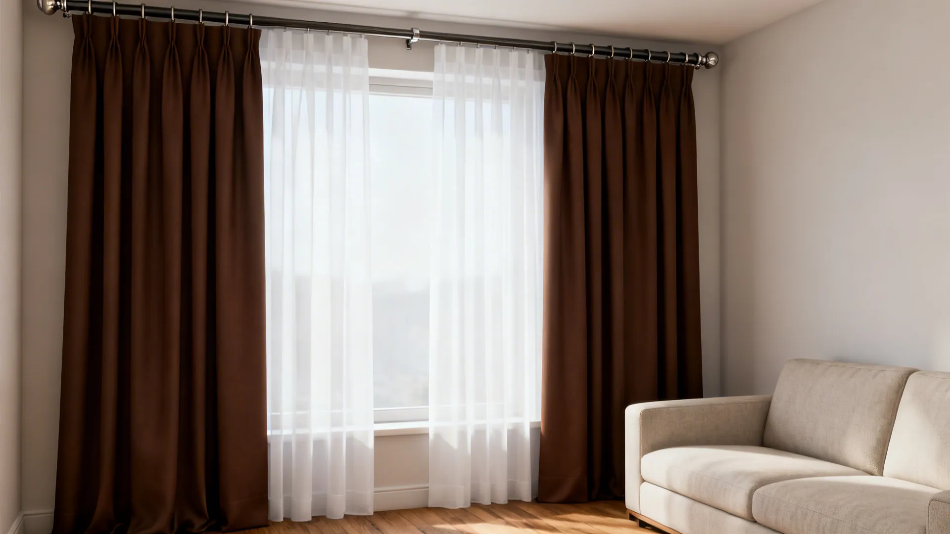 Window with matte chocolate brown panels and sheer liners in a small living room