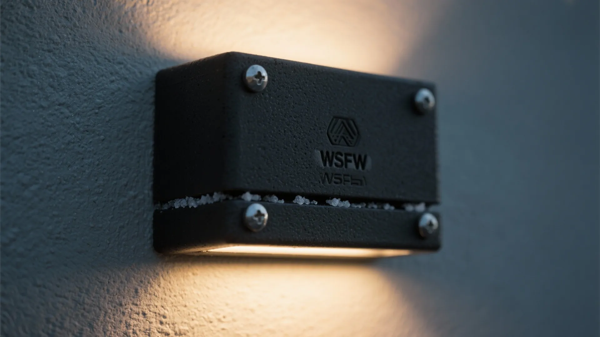 Macro of a matte black coastal-grade up down light with IP65 details and hidden stainless fixings.