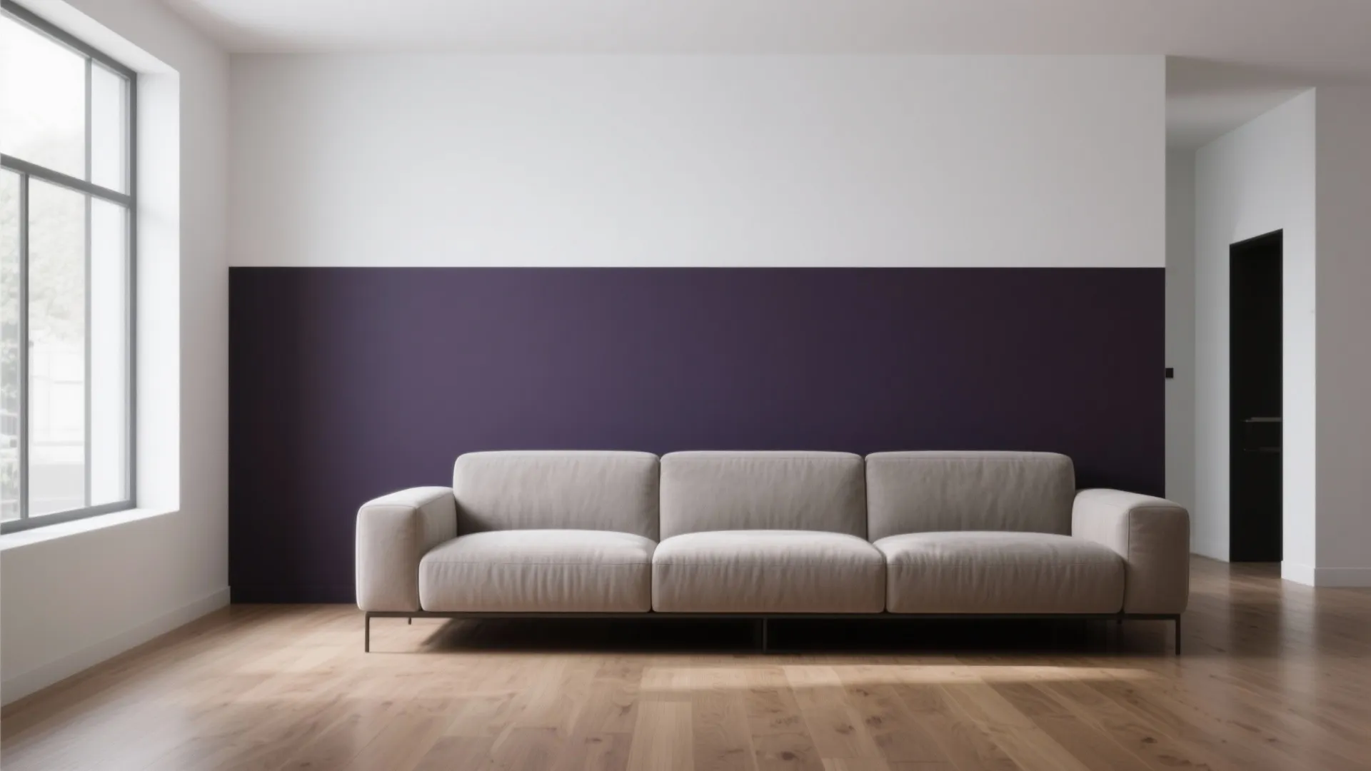 Modern living room with purple color wall paint behind grey sofa wood floor and window