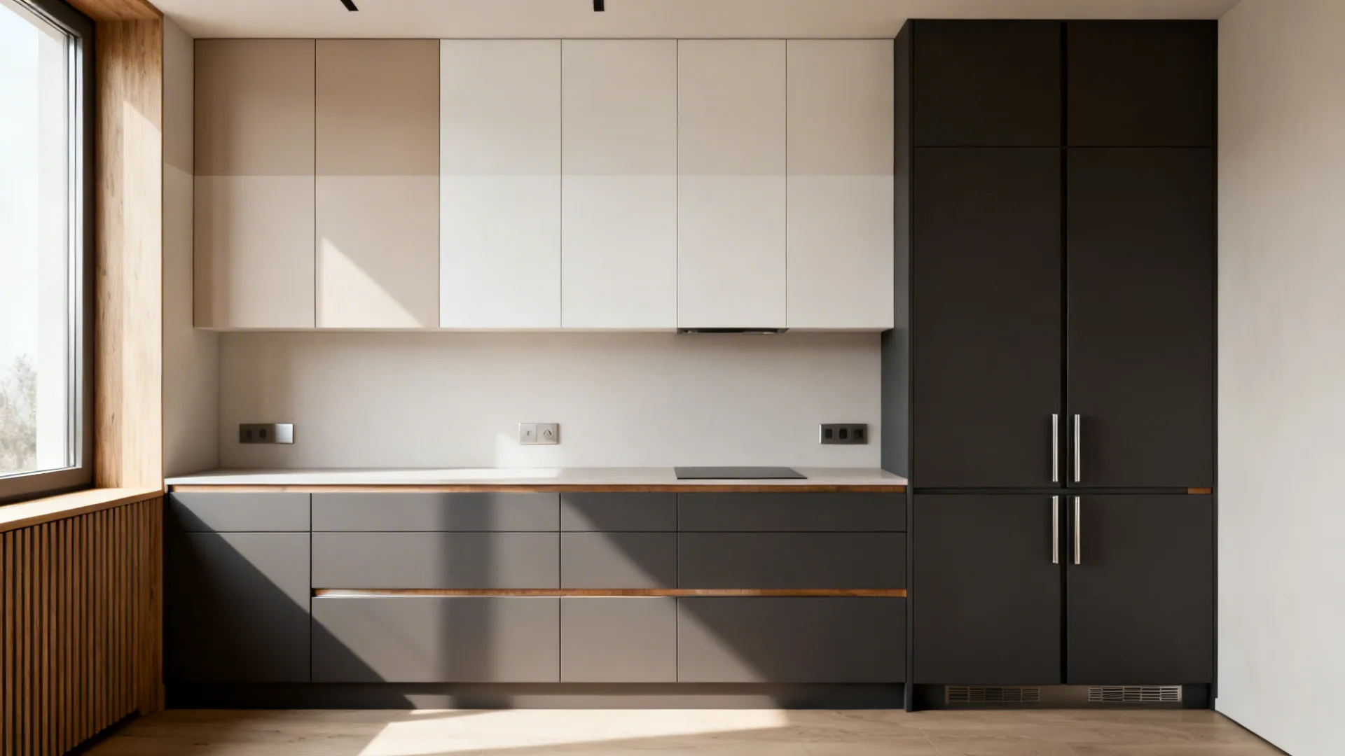 Matte warm white uppers with deeper toned tall units create calm color blocking in a small kitchen.