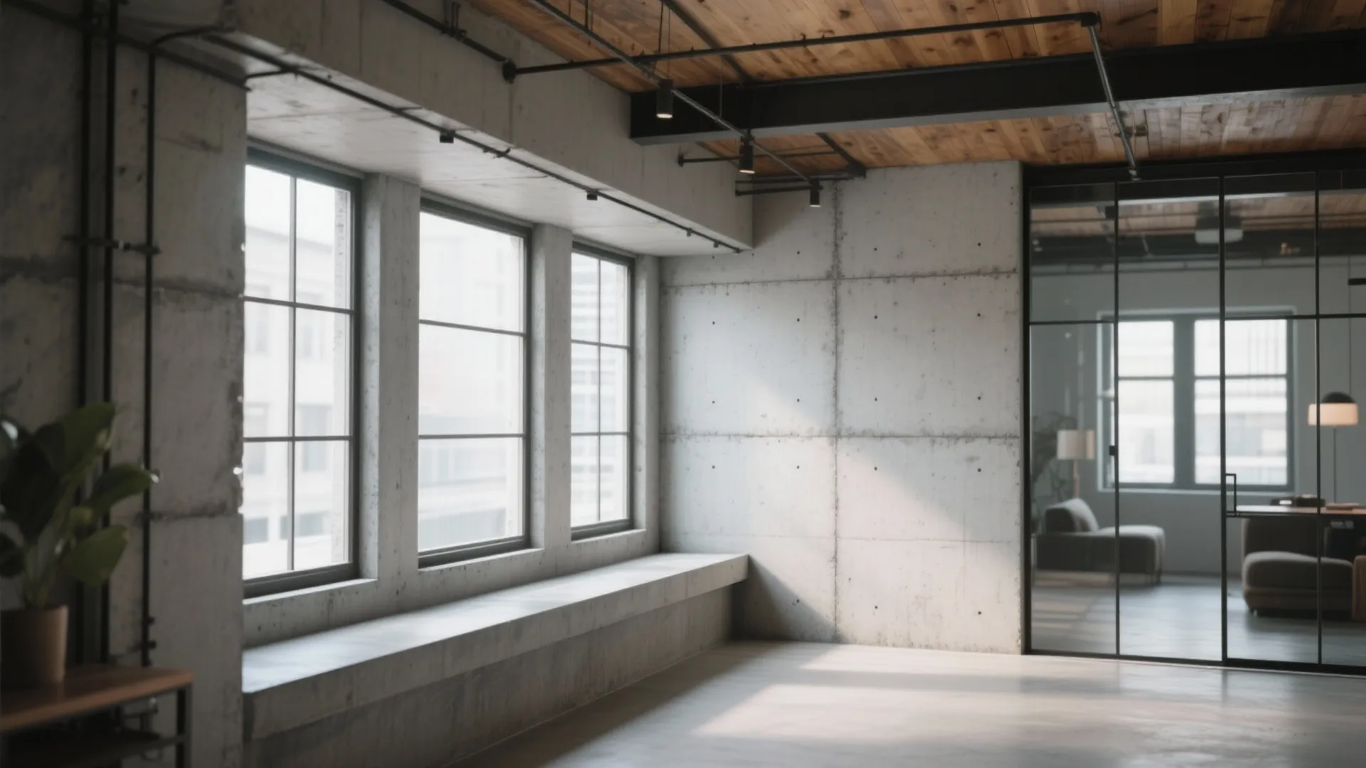 Industrial style empty room with grey concrete walls wooden ceiling windows and black glass doors