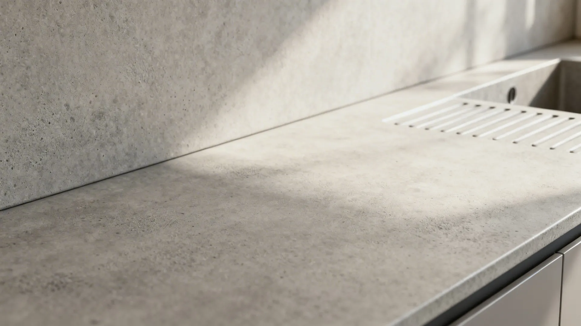 Close-up of matte concrete-look porcelain slab showing subtle texture and integrated drain grooves.