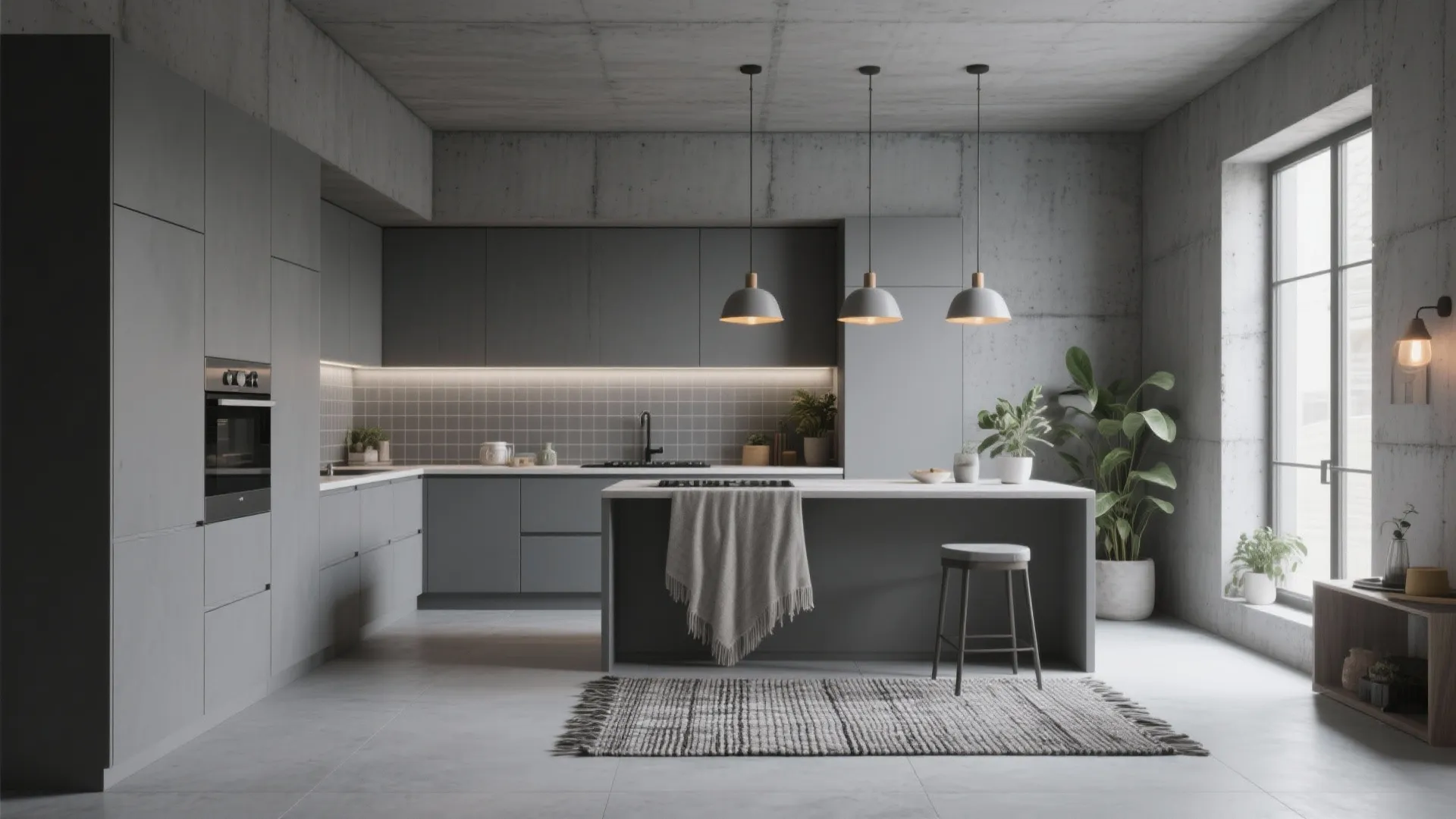 2. Monochrome minimal with matte concrete-look tiles