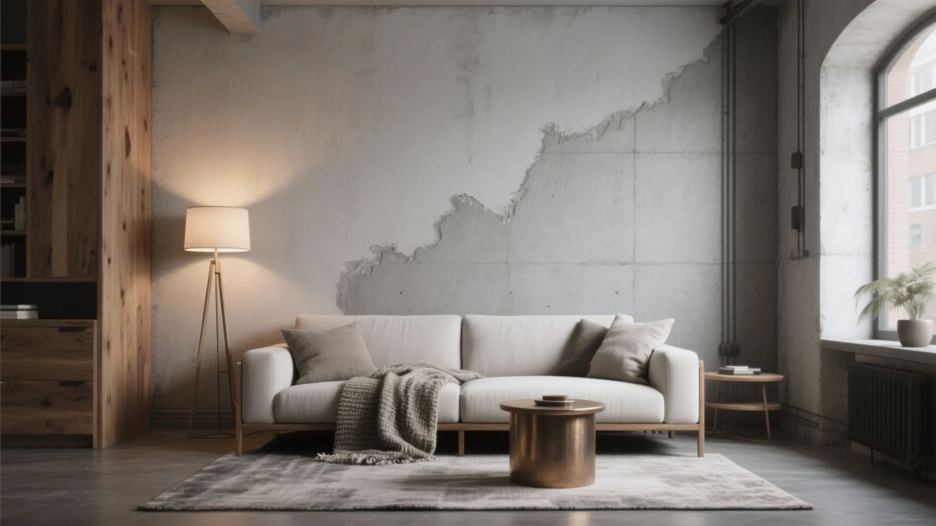 Minimalist living room featuring white sofa against grey concrete wall with floor lamp and table