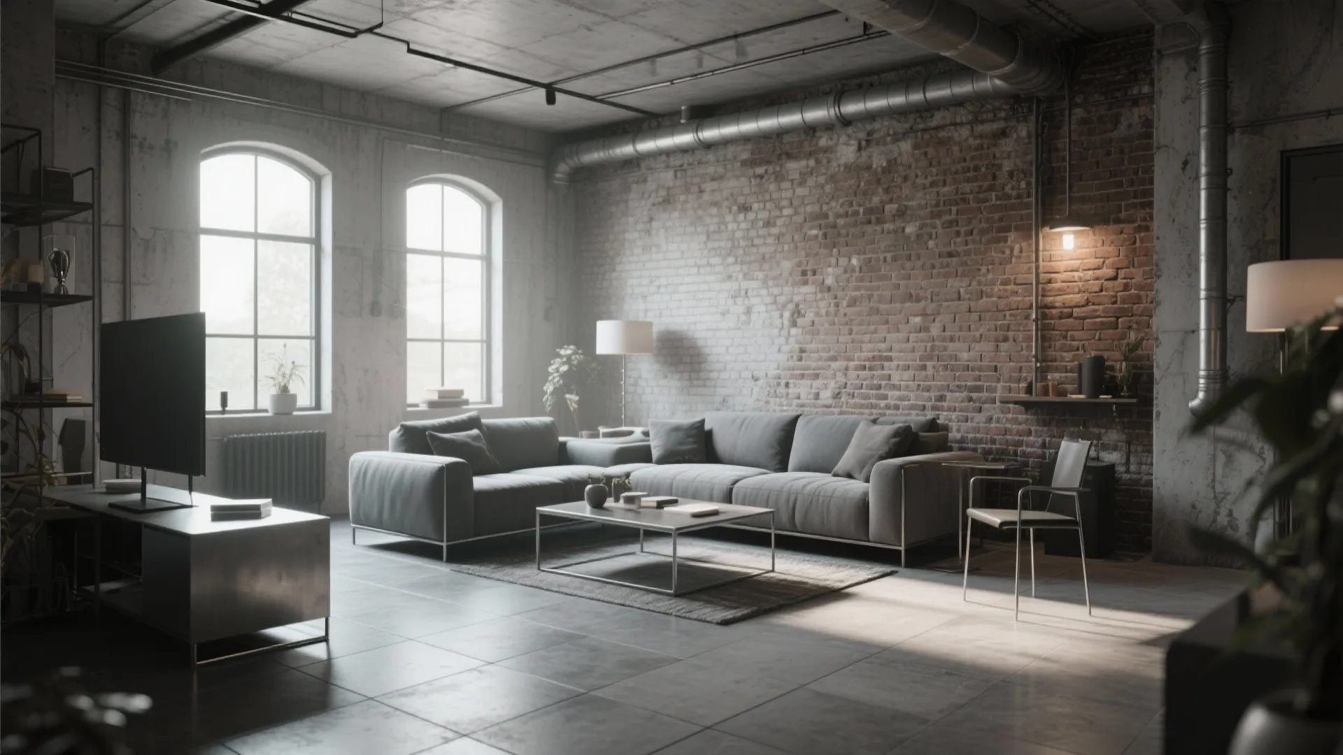 Industrial living room with matte concrete-look tiles