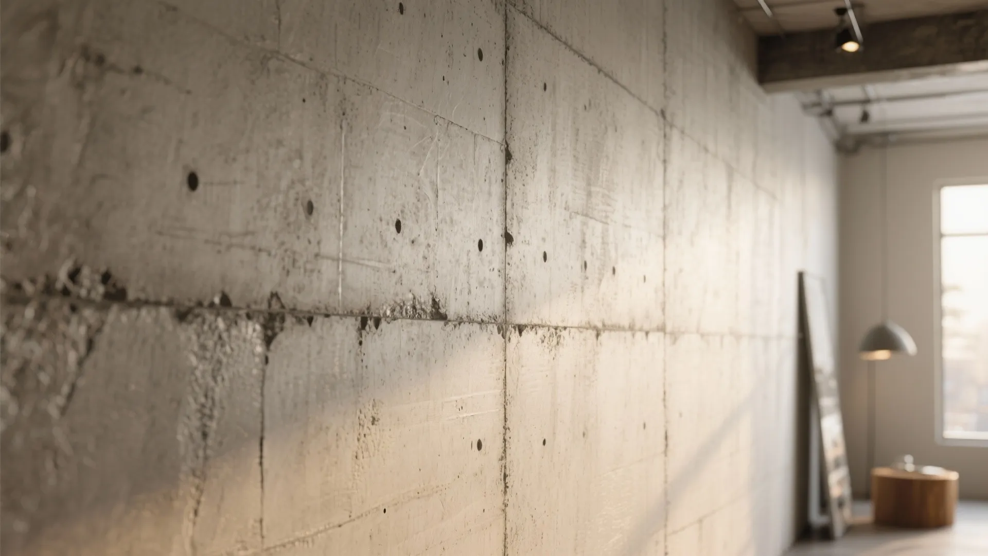 Close up of grey concrete wall with sunlight showing texture and small holes in room