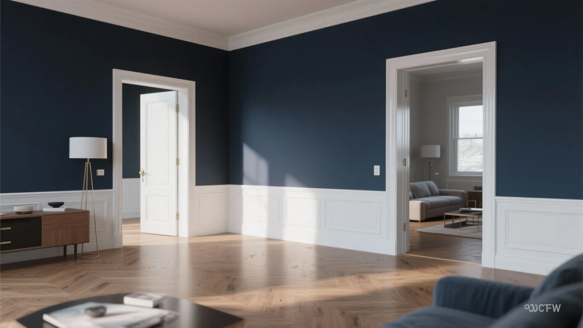 Empty room with blue walls white wall panels wooden floor white door and living room