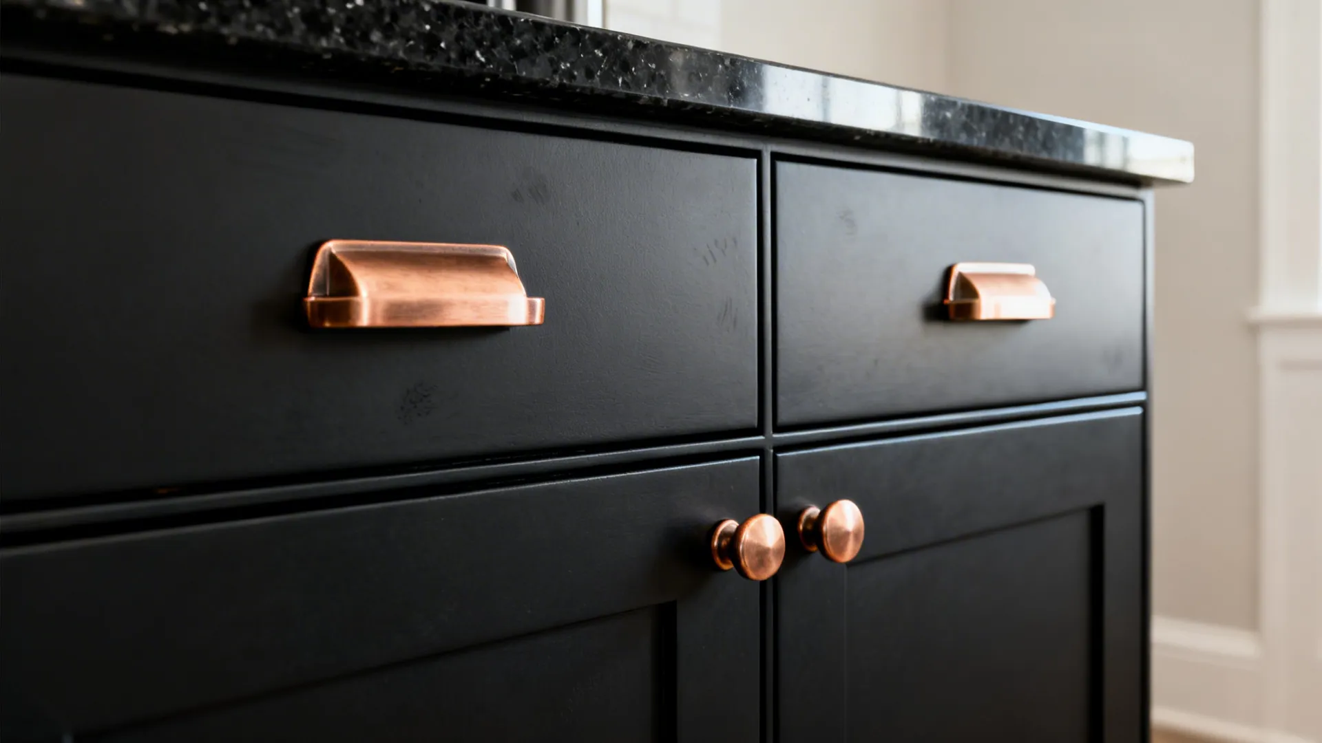 Close-up of matte black cabinet doors with brushed copper pulls in soft daylight.