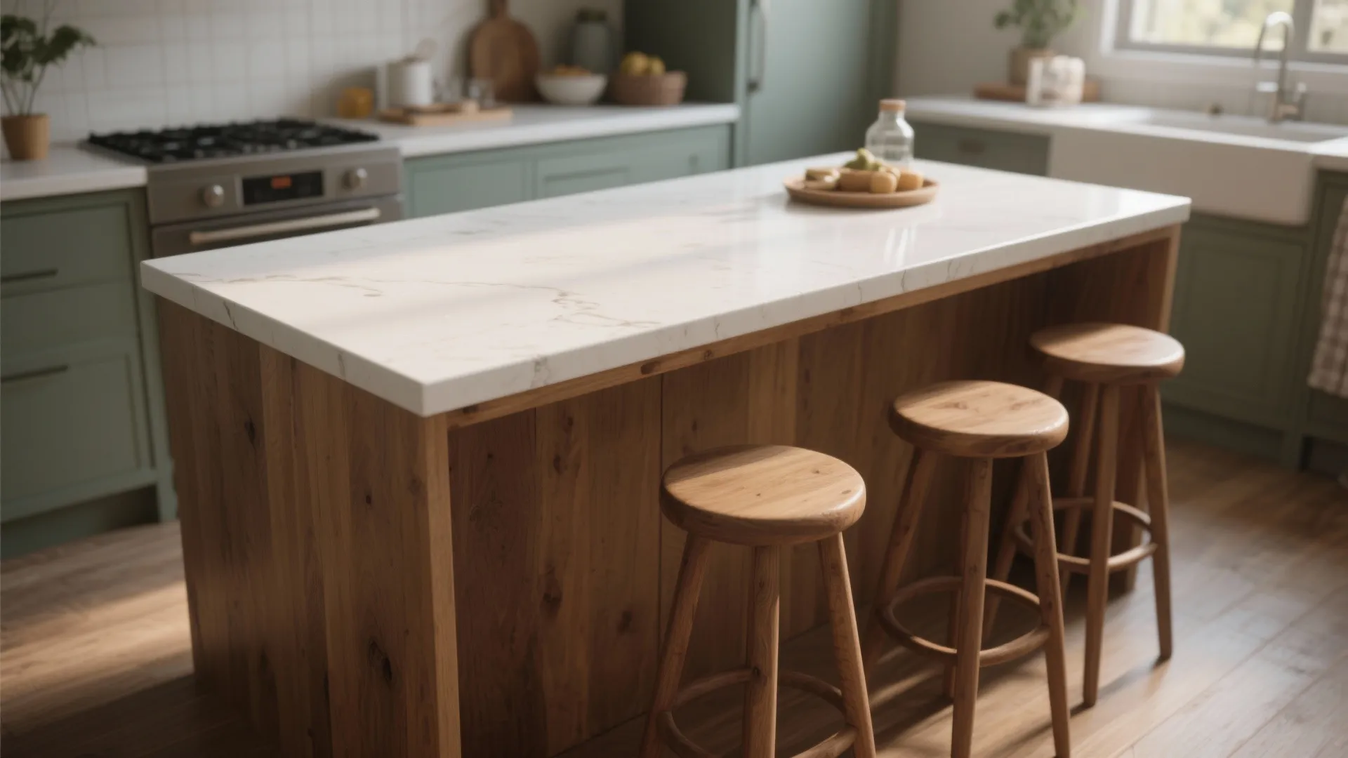 4. Matte white counters + natural wood island