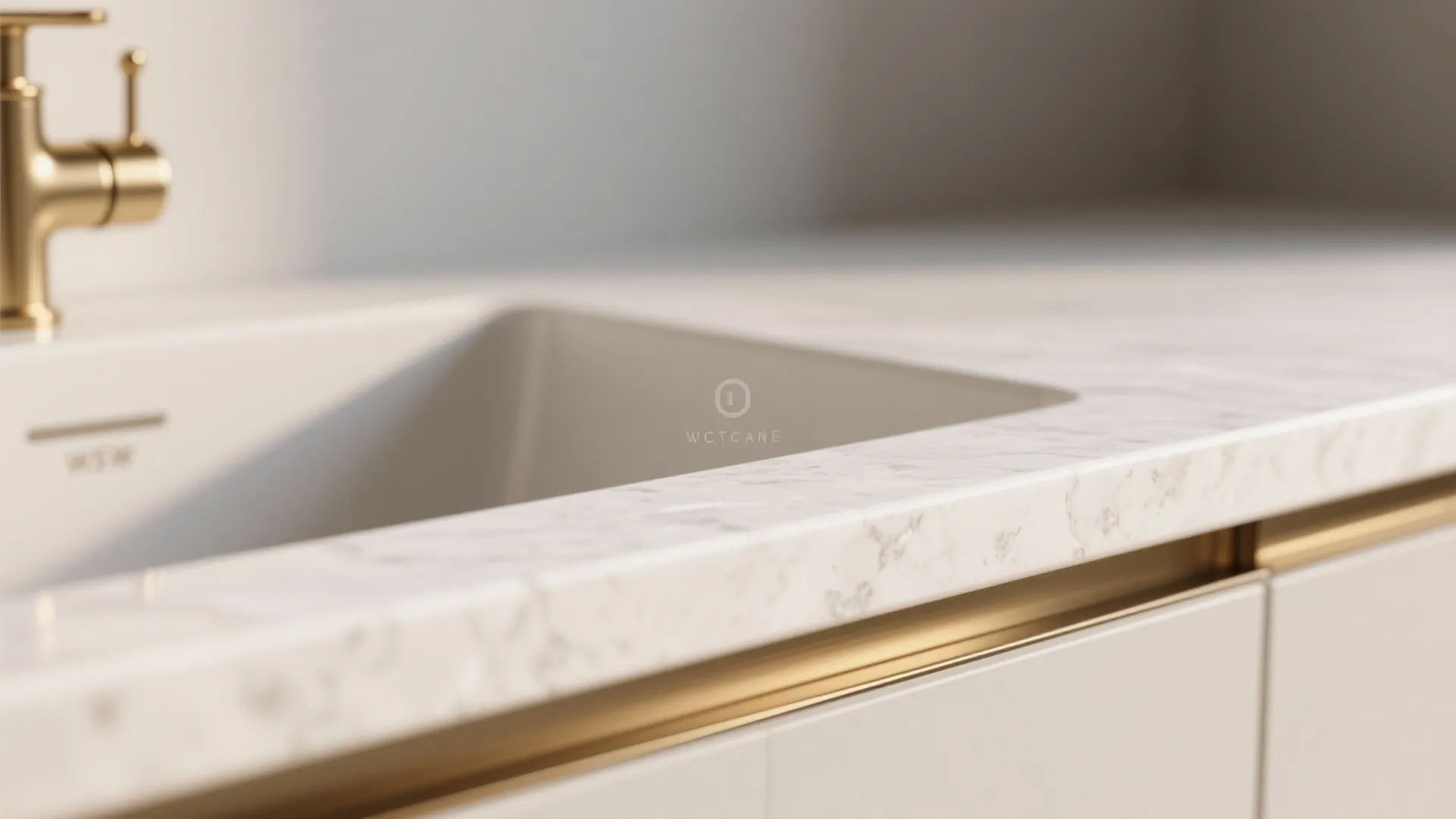 1. Matte White Countertop, Brushed Gold Fixtures